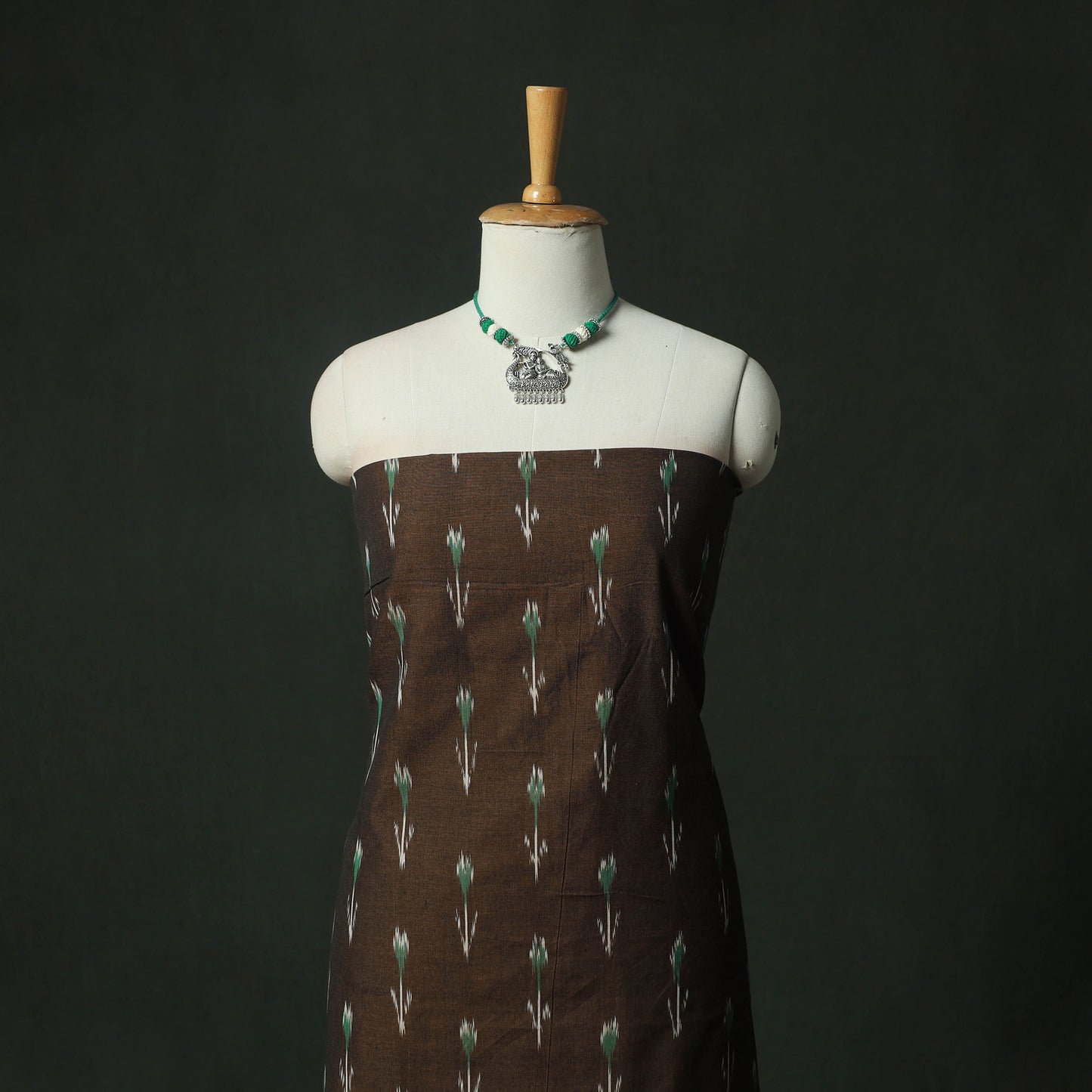 Brown - Pochampally Ikat Weave Cotton 2pc Unstitched Dress Material Kurta Set with Jewellery 01