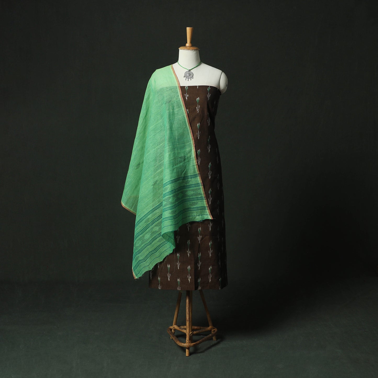 Brown - Pochampally Ikat Weave Cotton 2pc Unstitched Dress Material Kurta Set with Jewellery 02