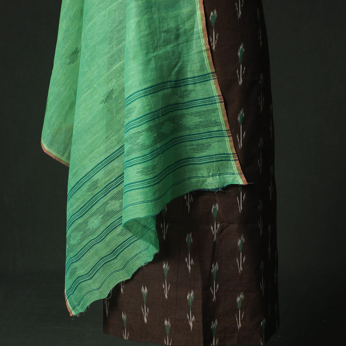 Brown - Pochampally Ikat Weave Cotton 2pc Unstitched Dress Material Kurta Set with Jewellery 02
