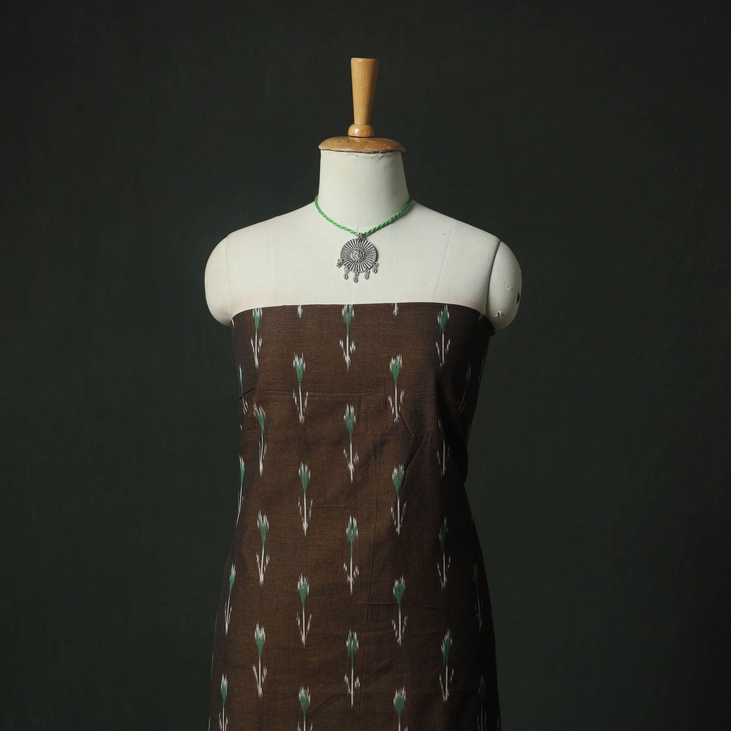 Brown - Pochampally Ikat Weave Cotton 2pc Unstitched Dress Material Kurta Set with Jewellery 02