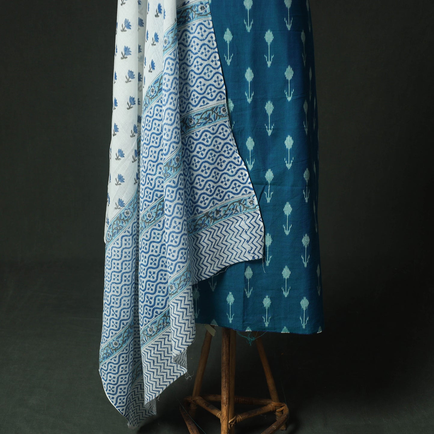 Blue - Pochampally Ikat Weave Cotton 2pc Unstitched Dress Material Kurta Set with Jewellery 03