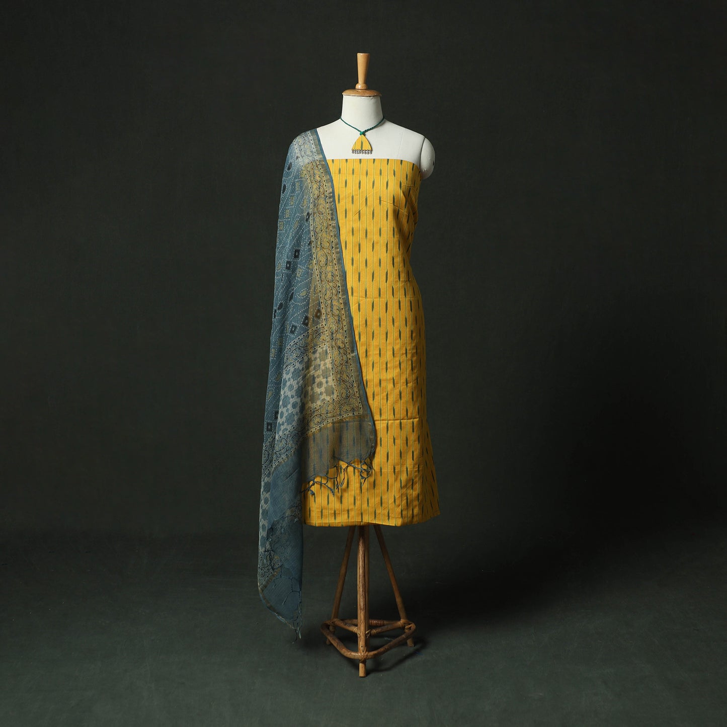 Yellow - Pochampally Ikat Weave Cotton 2pc Unstitched Dress Material Kurta Set with Jewellery 04