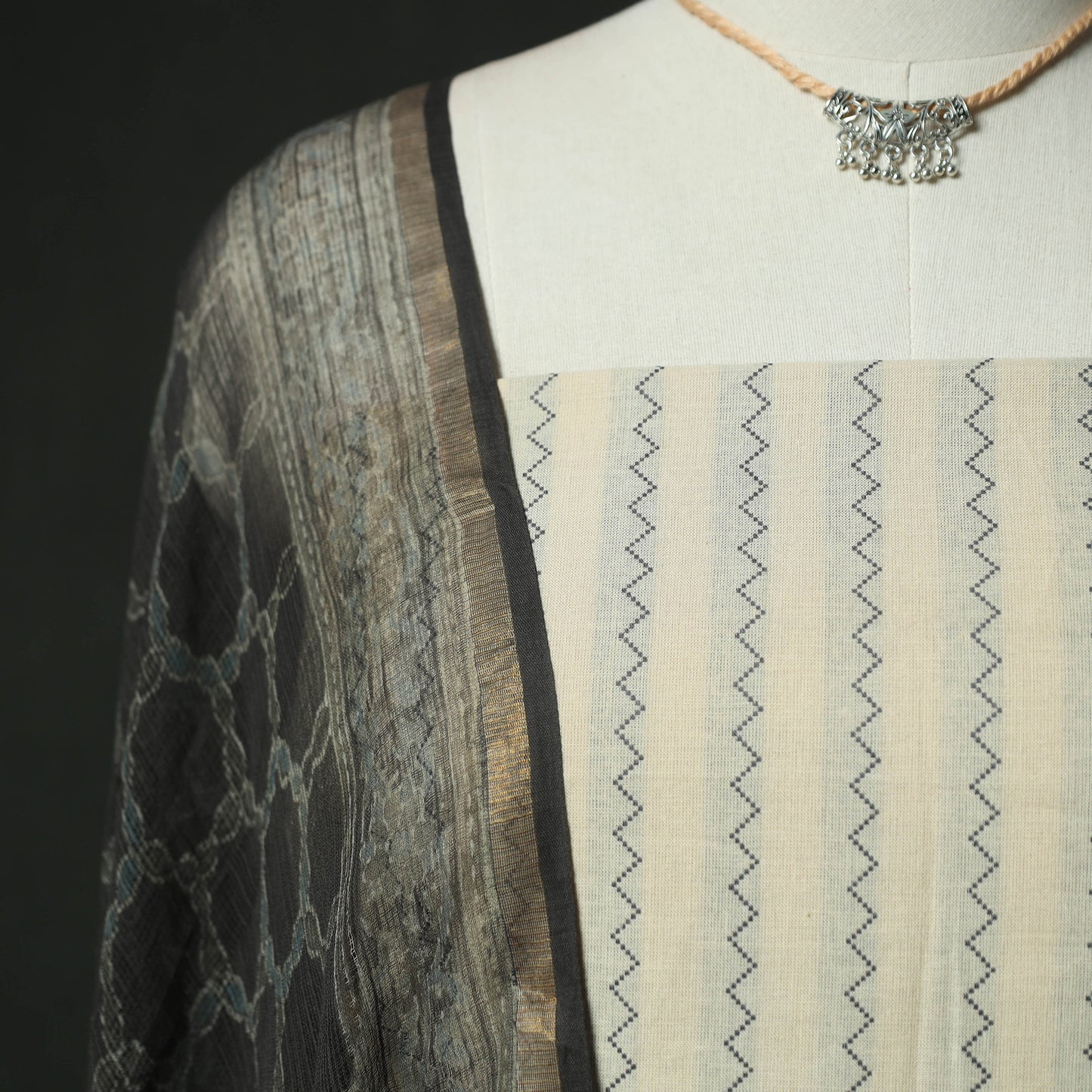 Beige - Jacquard Woven Cotton 2pc Unstitched Dress Material Kurta Set with Jewellery 14