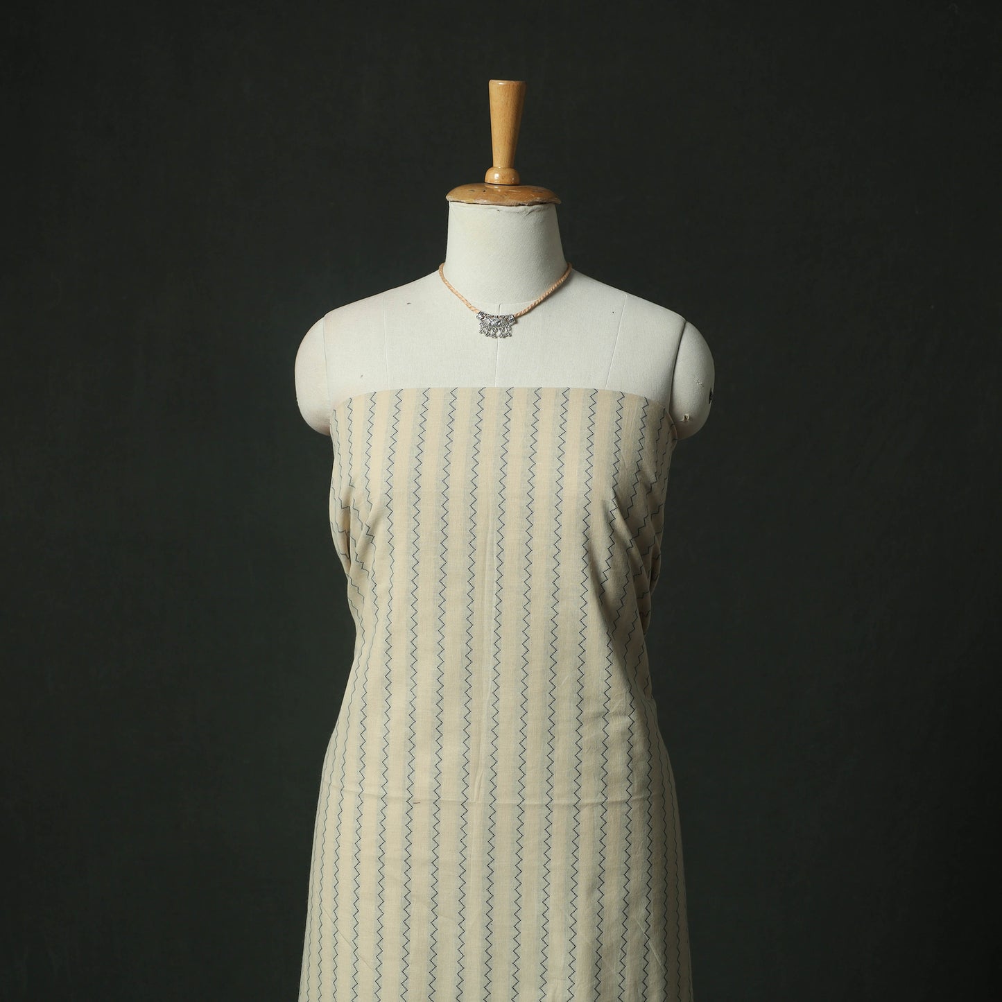 Beige - Jacquard Woven Cotton 2pc Unstitched Dress Material Kurta Set with Jewellery 14