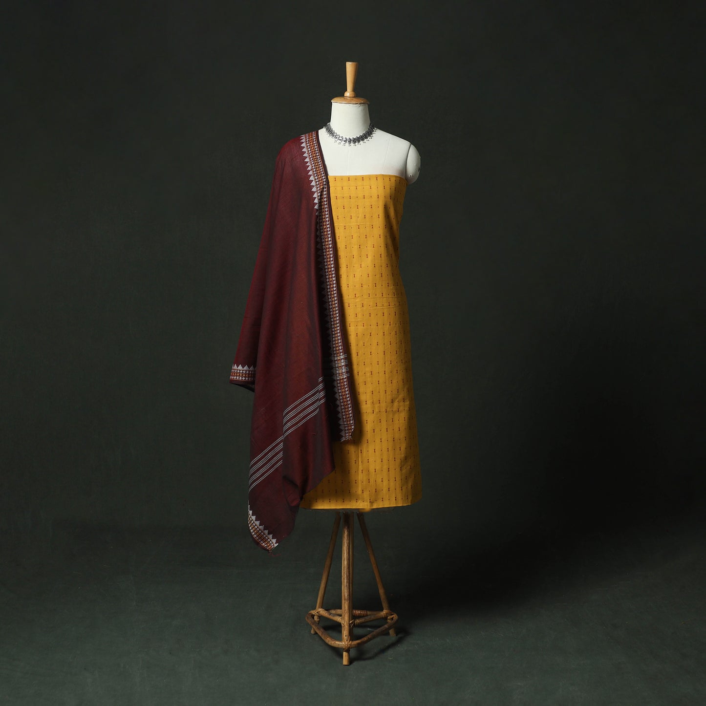 Yellow - Jacquard Woven Cotton 2pc Unstitched Dress Material Kurta Set with Earrings 15
