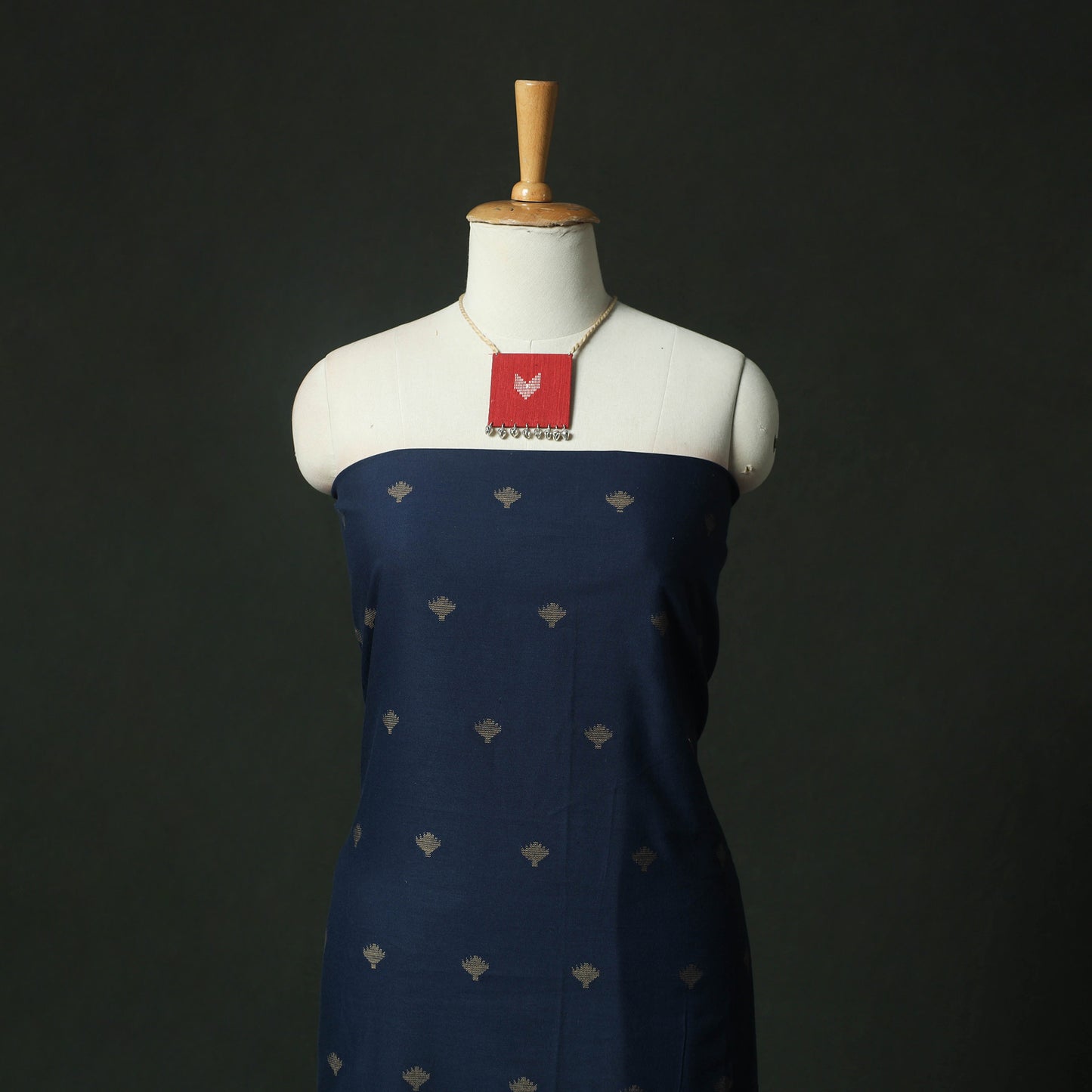 Blue - Jacquard Woven Cotton 2pc Unstitched Dress Material Kurta Set with Jewellery 16