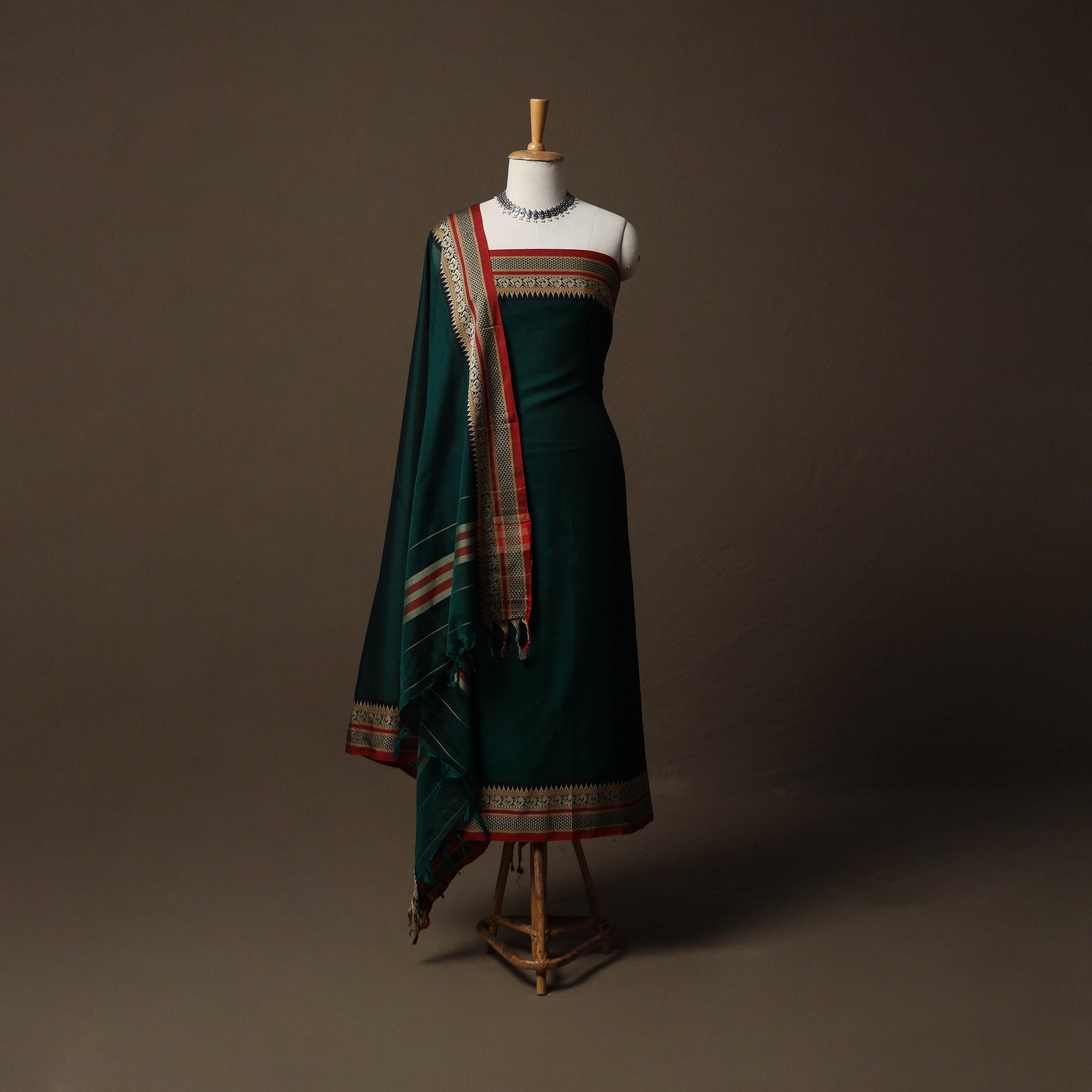 Green Dharwad Mercerised Cotton 3pc Unstitched Dress Material Suit Set with Woven Border