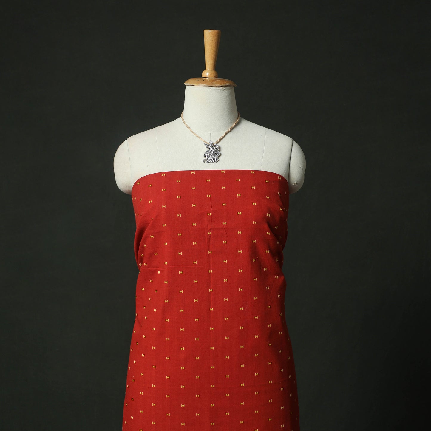 Red - Jacquard Woven Cotton 2pc Unstitched Dress Material Kurta Set with Jewellery 19