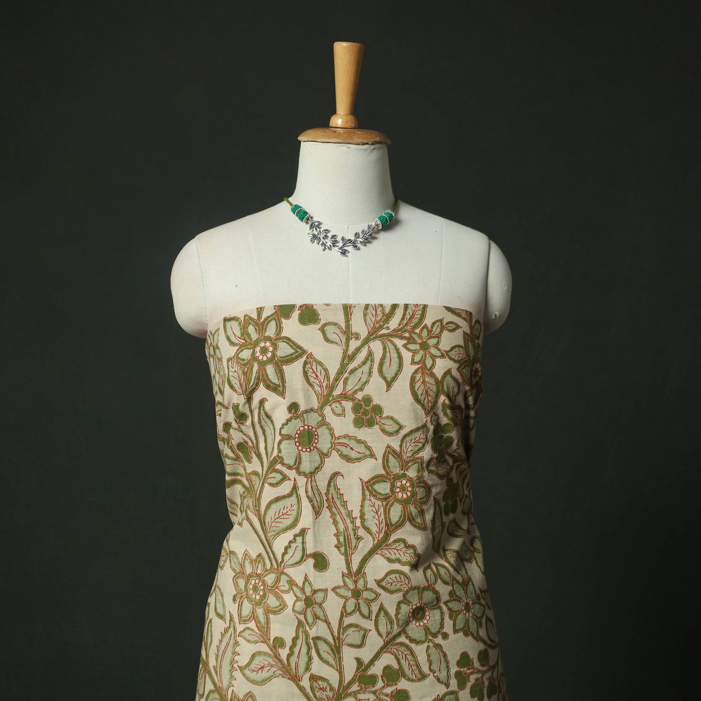 Beige - Kalamkari Printed Cotton 2pc Unstitched Dress Material Kurta Set with Jewellery 22