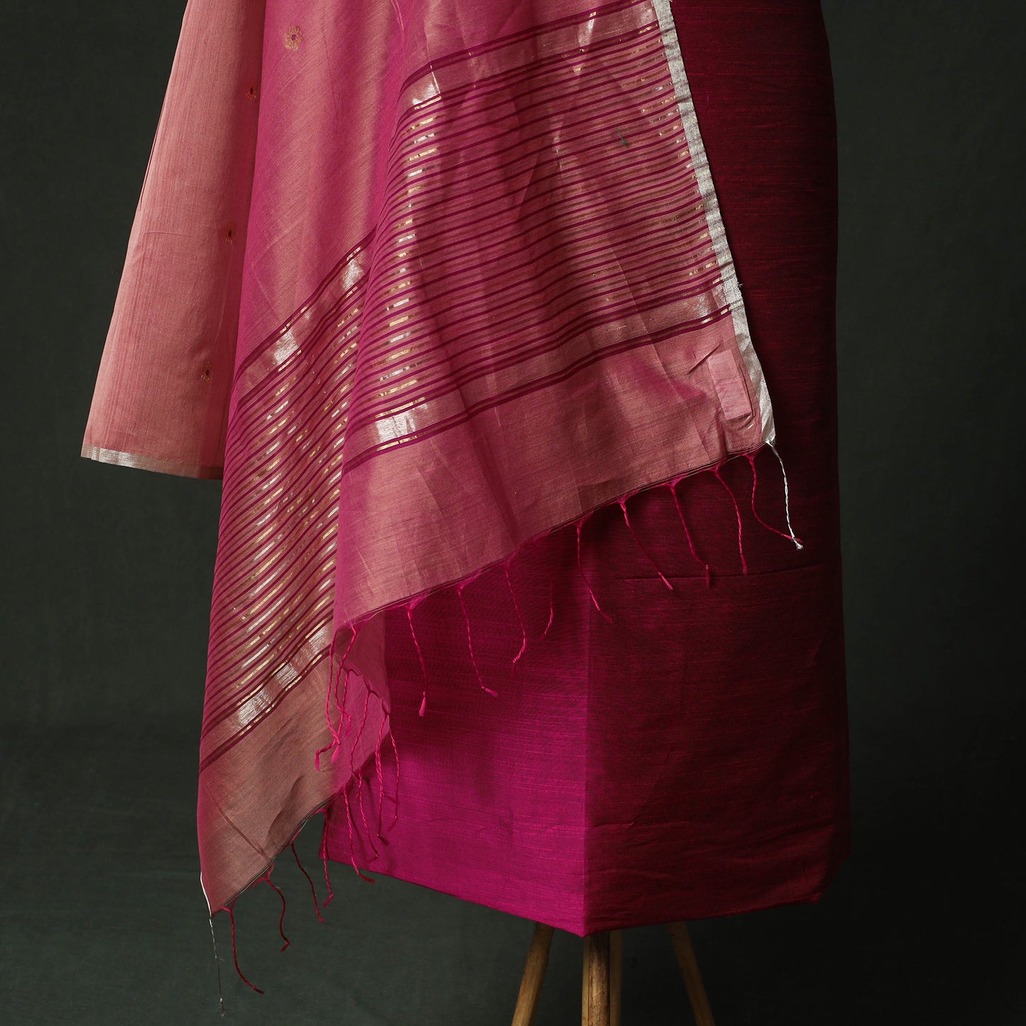 Pink - Plain Slub Silk 2pc Unstitched Dress Material Kurta Set with Jewellery 27