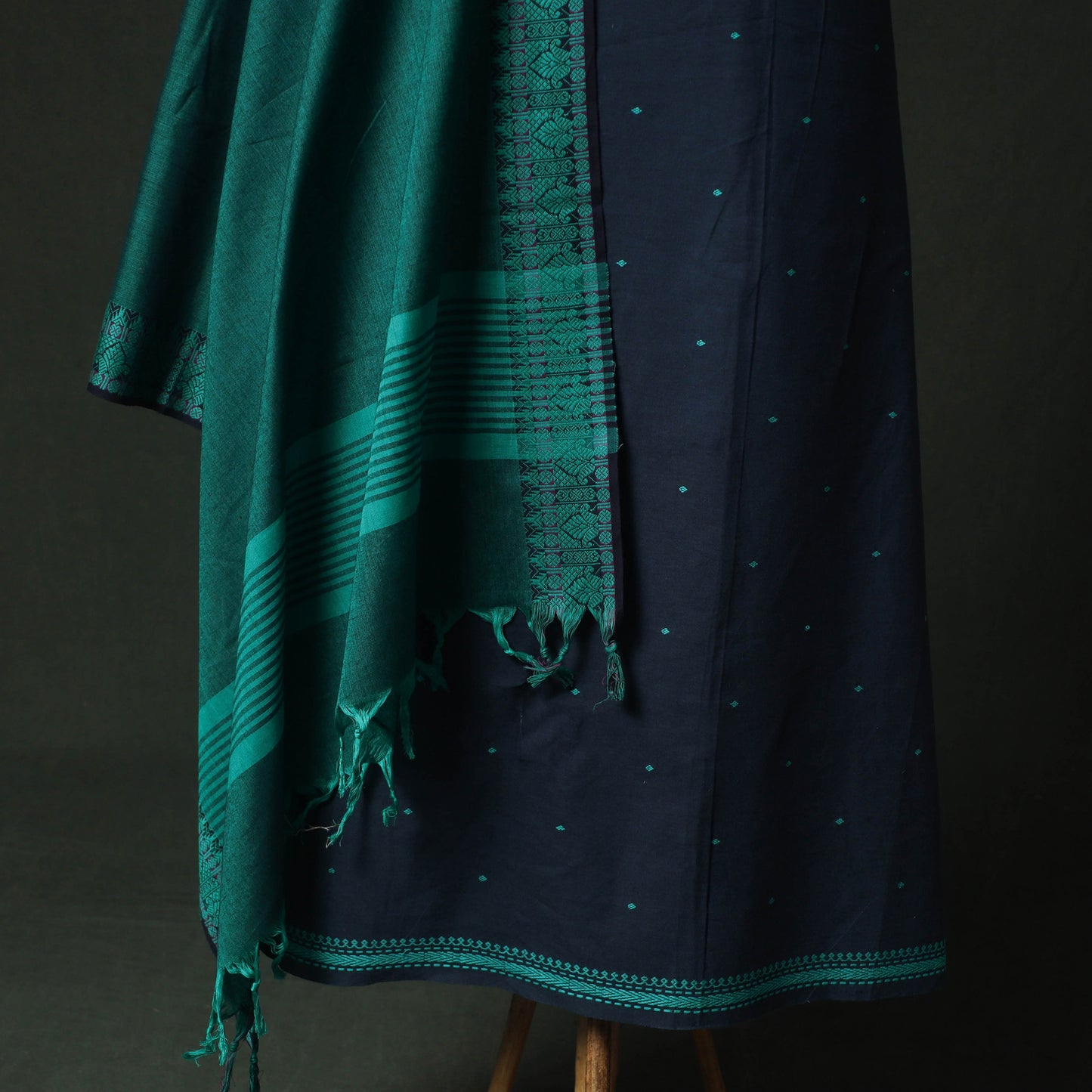 Blue - Jacquard Woven 2pc Cotton Unstitched Dress Material Kurta Set with Earrings 01