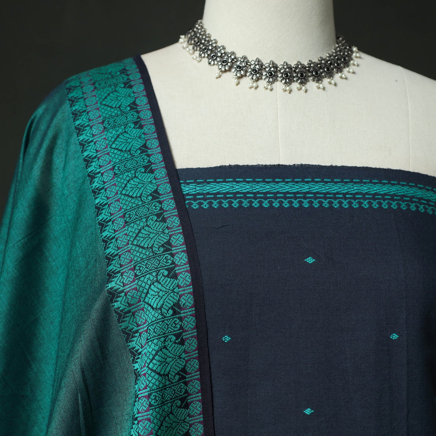Blue - Jacquard Woven 2pc Cotton Unstitched Dress Material Kurta Set with Earrings 01