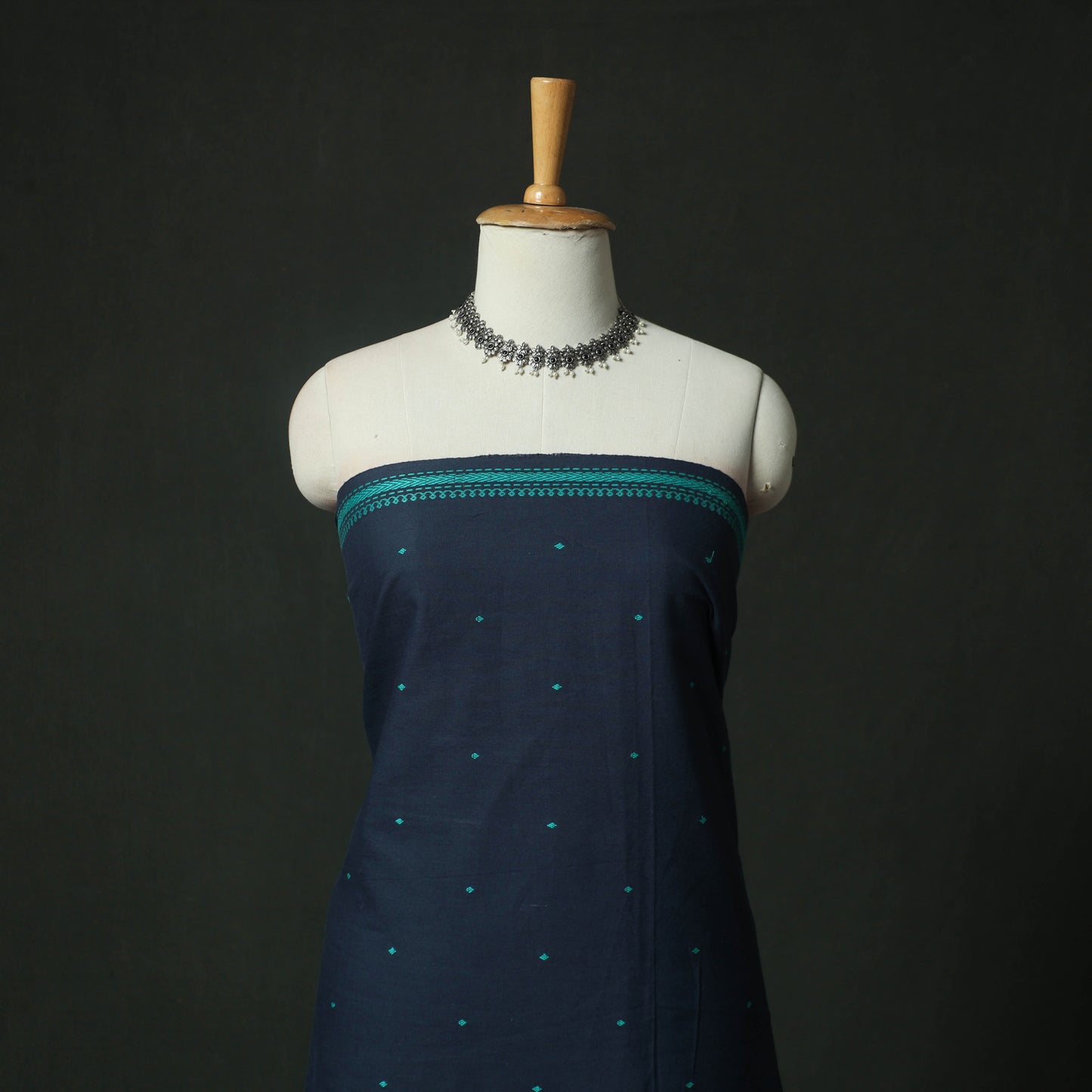 Blue - Jacquard Woven 2pc Cotton Unstitched Dress Material Kurta Set with Earrings 01