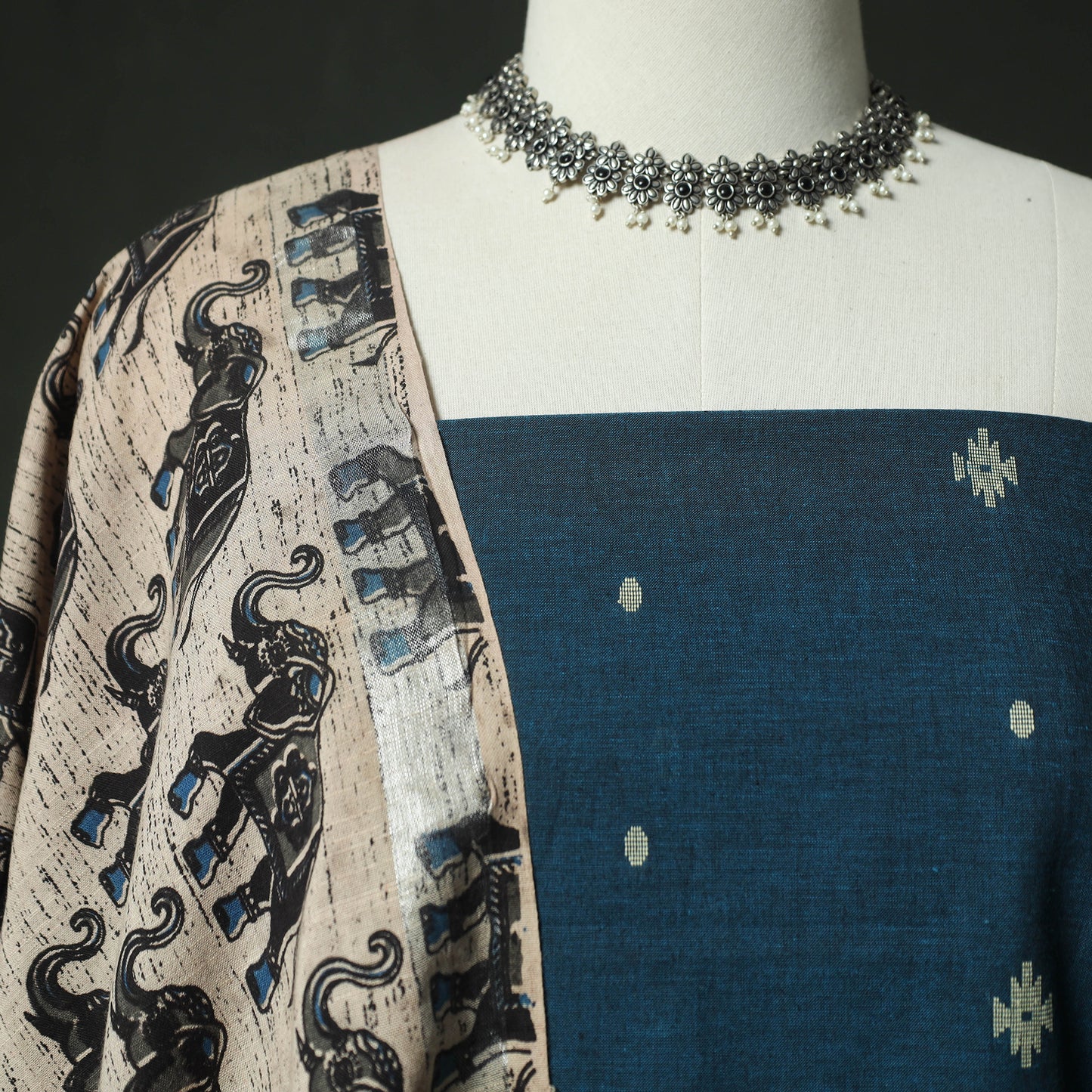 Blue - Jacquard Woven 2pc Cotton Unstitched Dress Material Kurta Set with Earrings 03