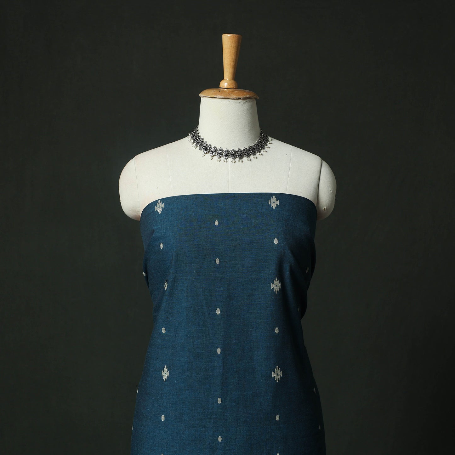 Blue - Jacquard Woven 2pc Cotton Unstitched Dress Material Kurta Set with Earrings 03