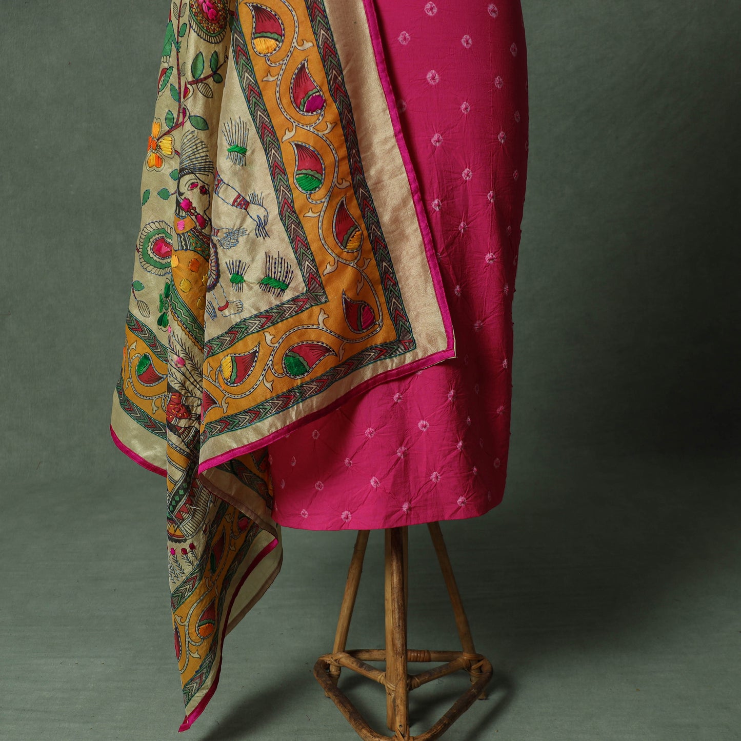 Kutch Bandhani Tie-Dye Pure Mul Cotton 2pc Unstitched Dress Material Kurta Set with Jewellery 06