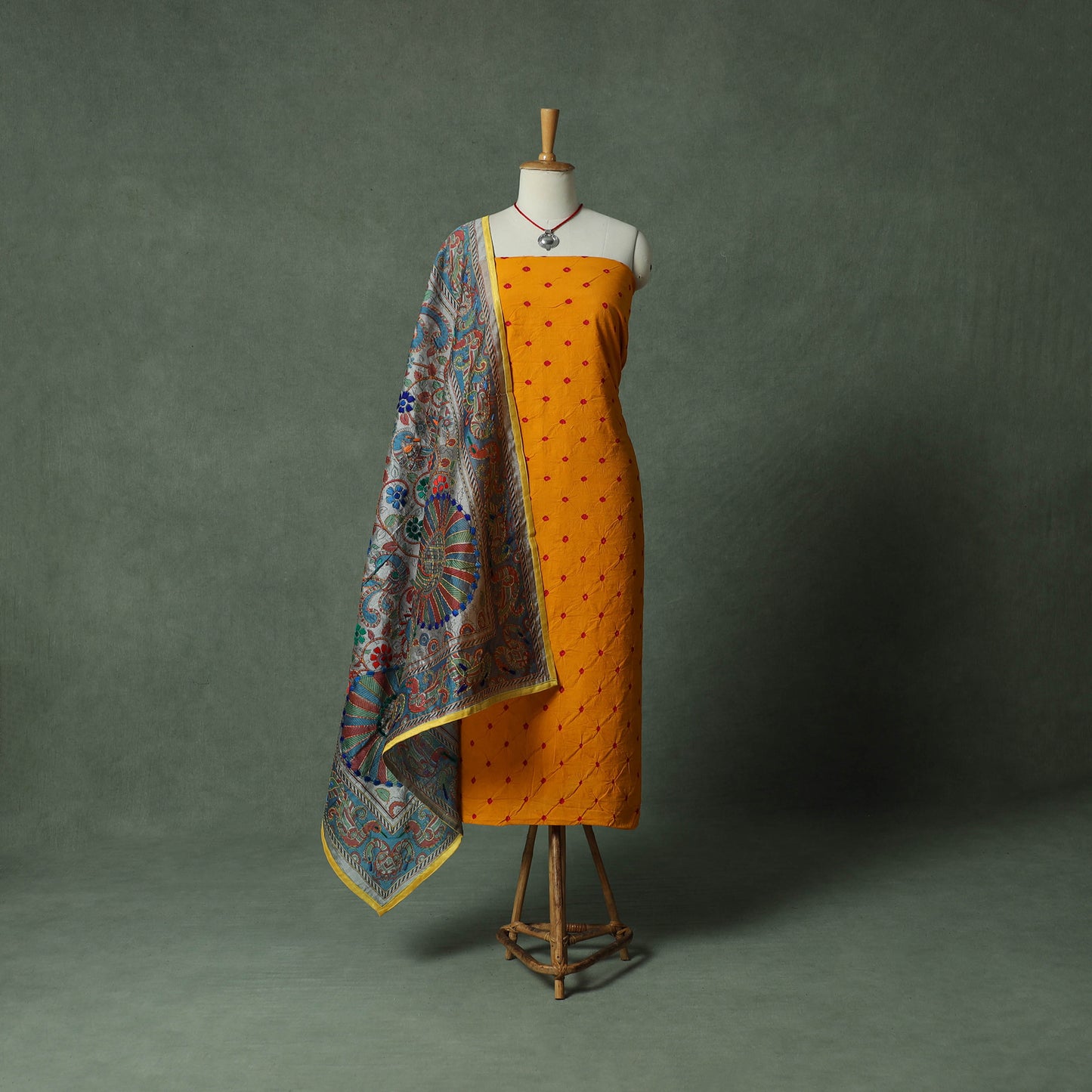 Kutch Bandhani Tie-Dye Pure Mul Cotton 2pc Unstitched Dress Material Kurta Set with Jewellery 07