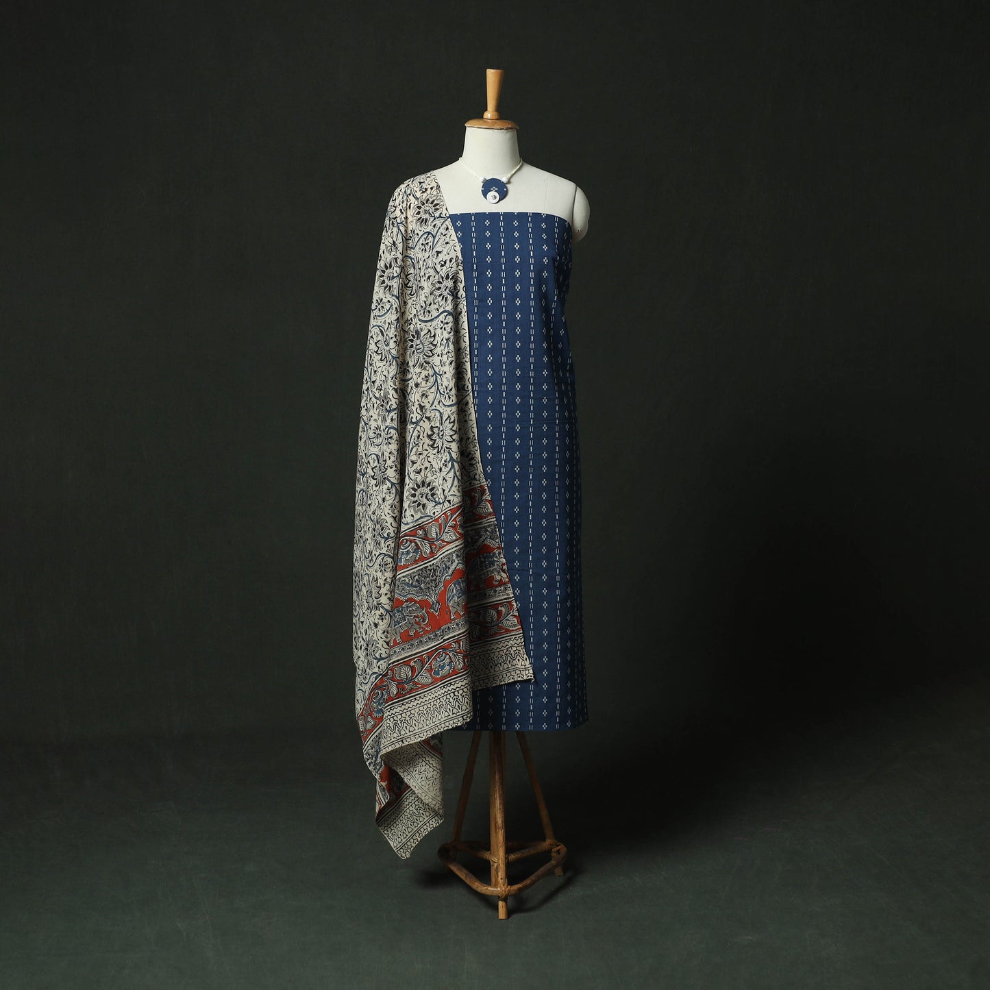 Blue - Jacquard Woven 2pc Cotton Unstitched Dress Material Kurta Set with Jewellery 04