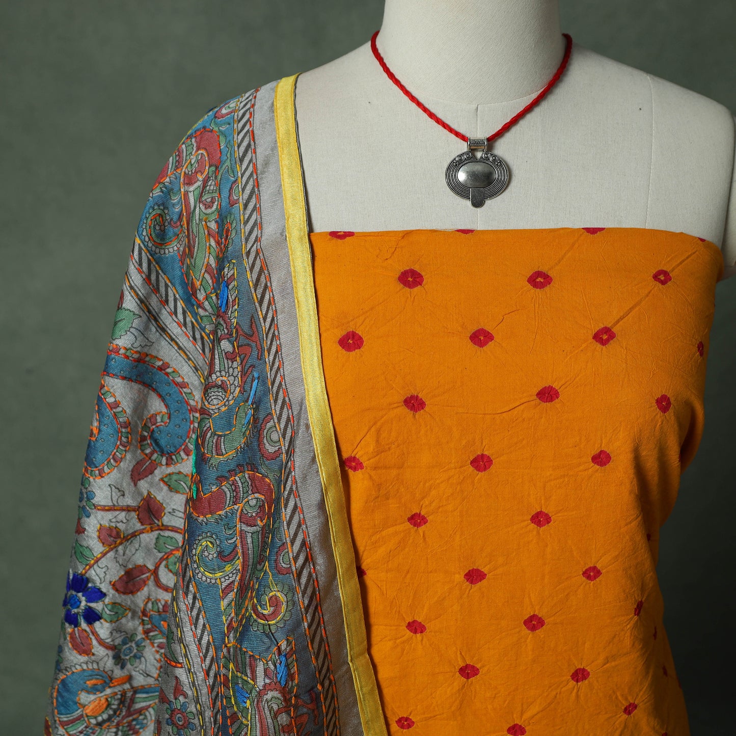 Kutch Bandhani Tie-Dye Pure Mul Cotton 2pc Unstitched Dress Material Kurta Set with Jewellery 07