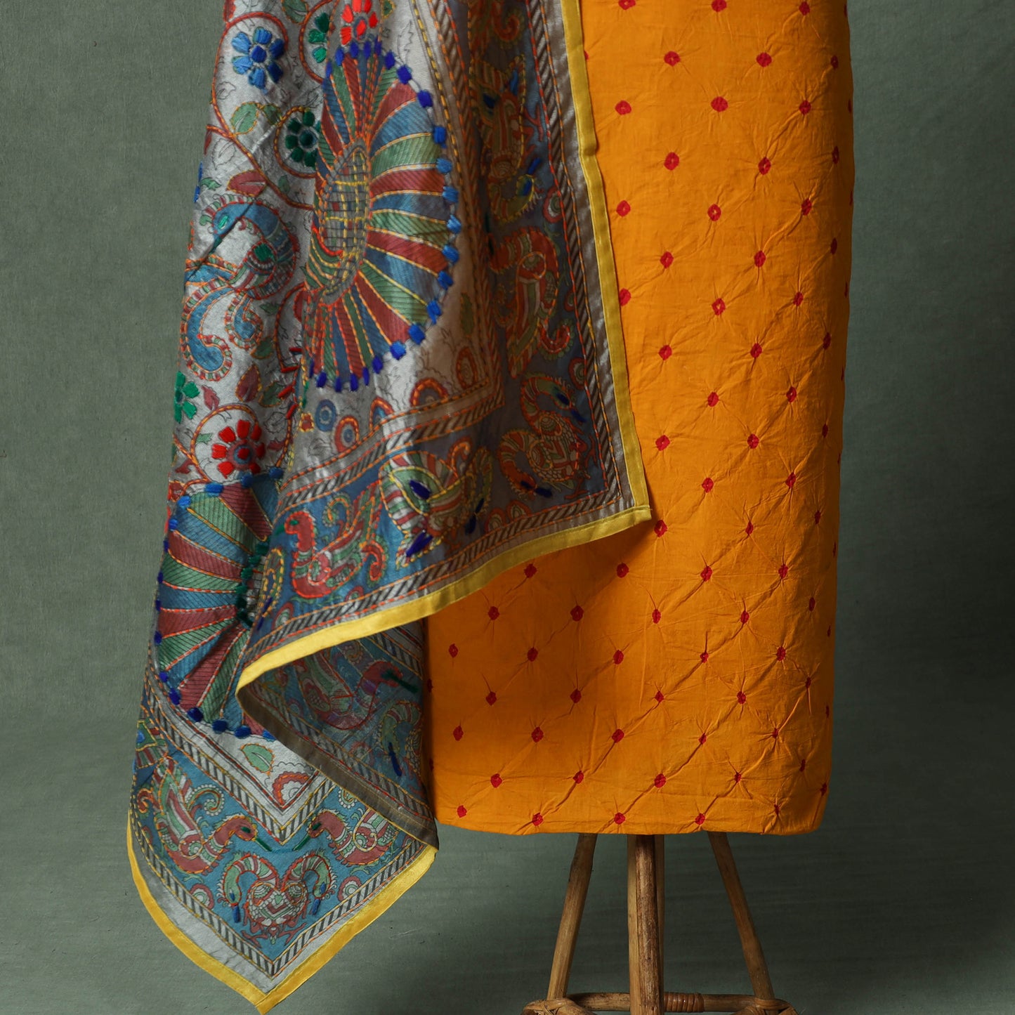 Kutch Bandhani Tie-Dye Pure Mul Cotton 2pc Unstitched Dress Material Kurta Set with Jewellery 07