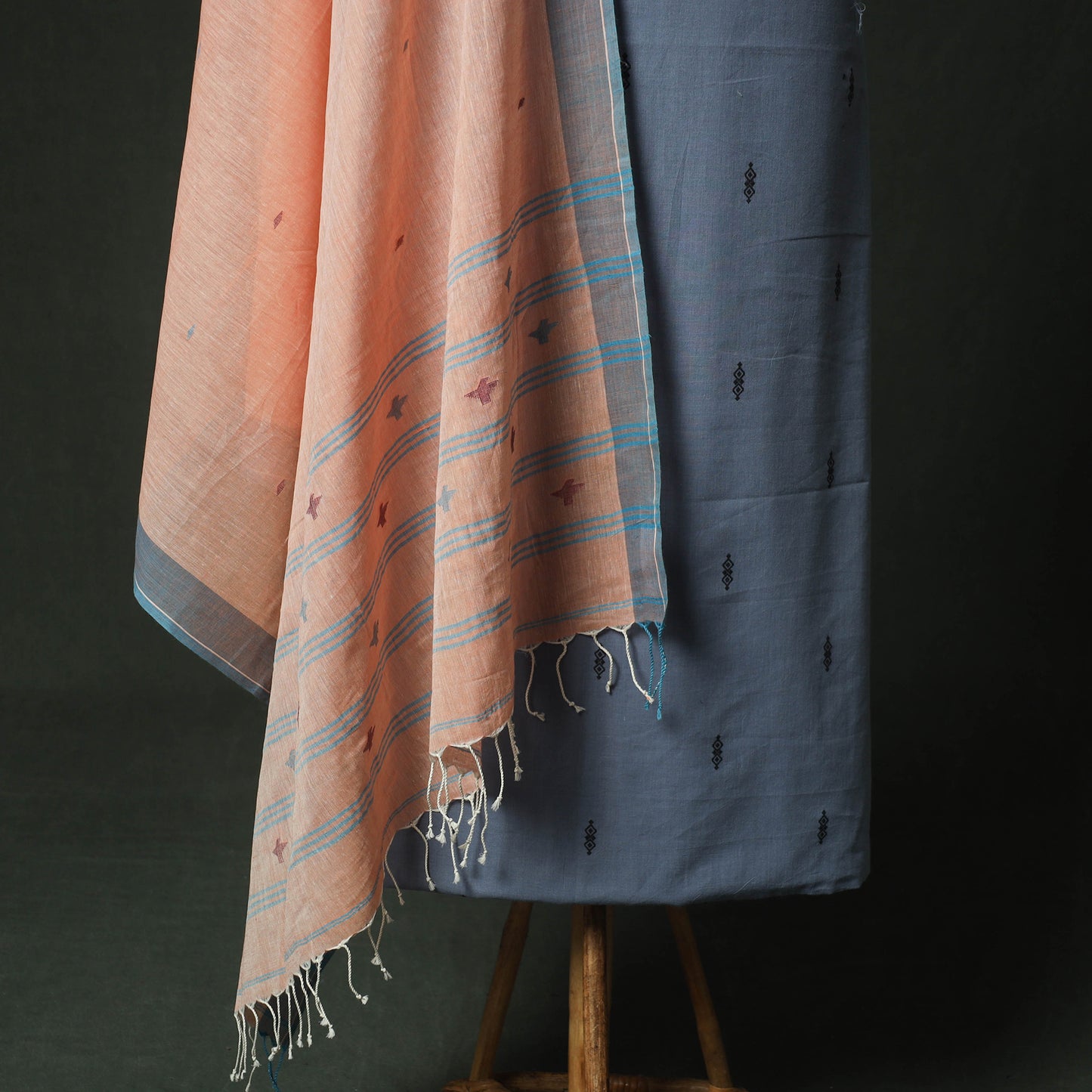 Blue - Jacquard Woven 2pc Cotton Unstitched Dress Material Kurta Set with Jewellery 05