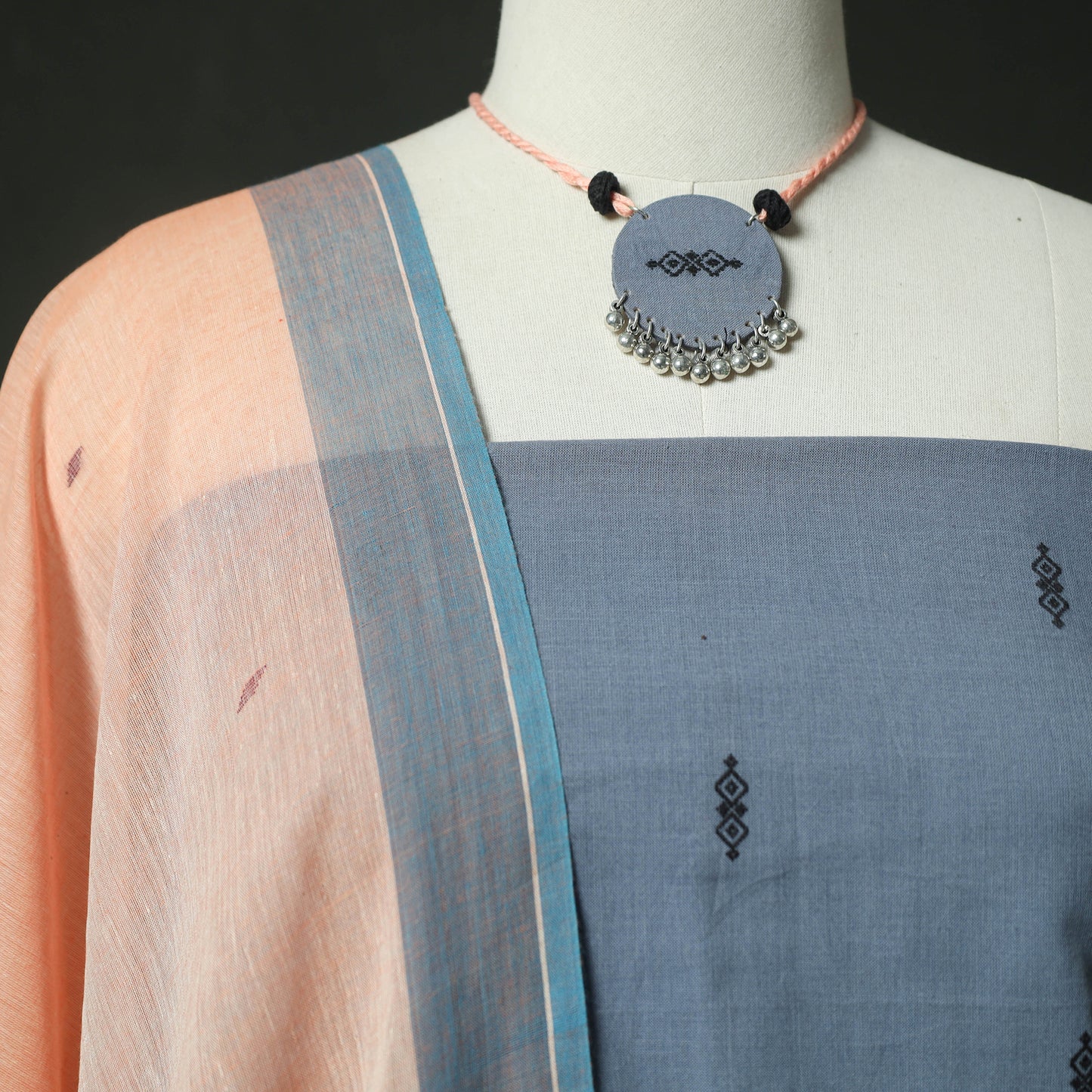 Blue - Jacquard Woven 2pc Cotton Unstitched Dress Material Kurta Set with Jewellery 05