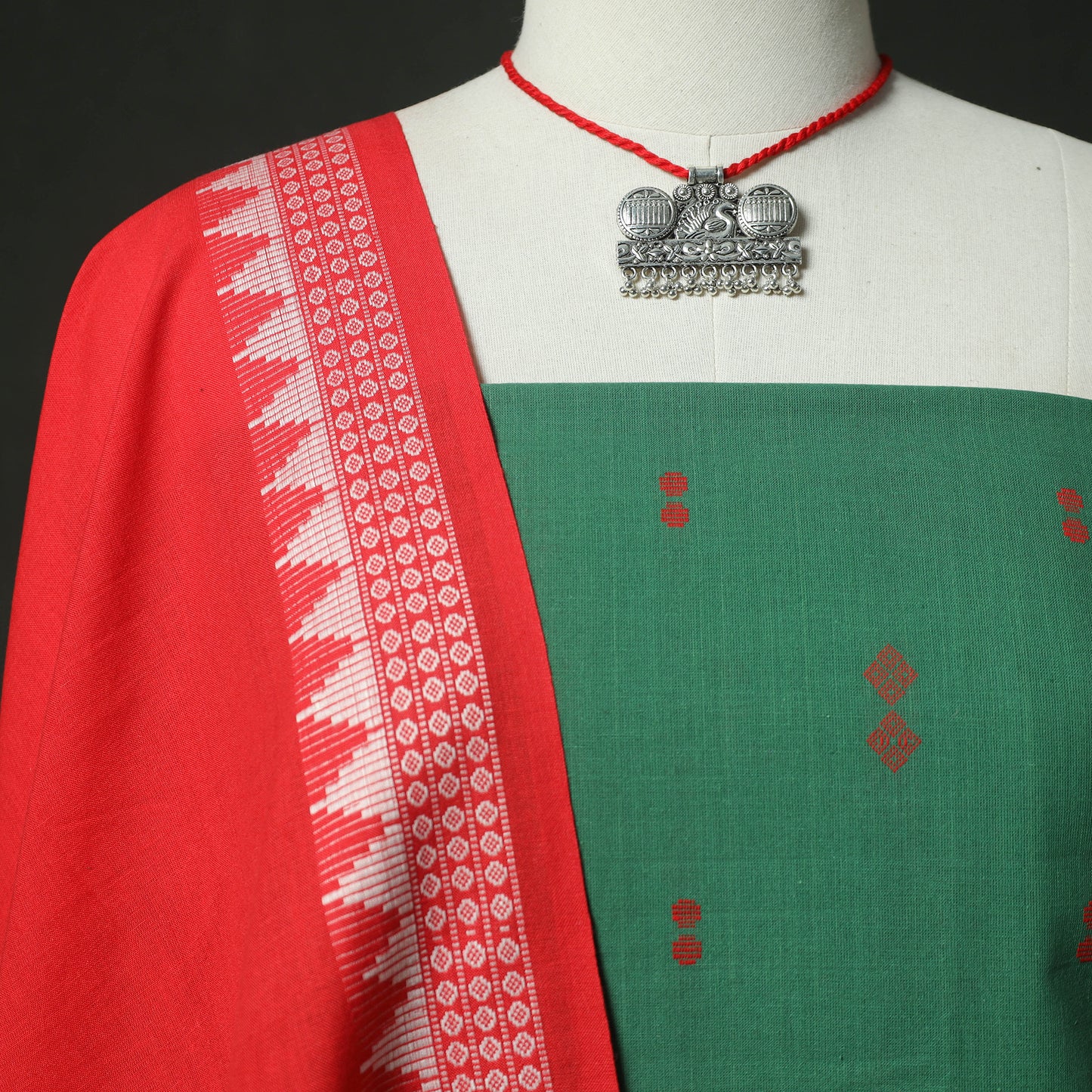 Green - Jacquard Woven 2pc Cotton Unstitched Dress Material Kurta Set with Jewellery 06