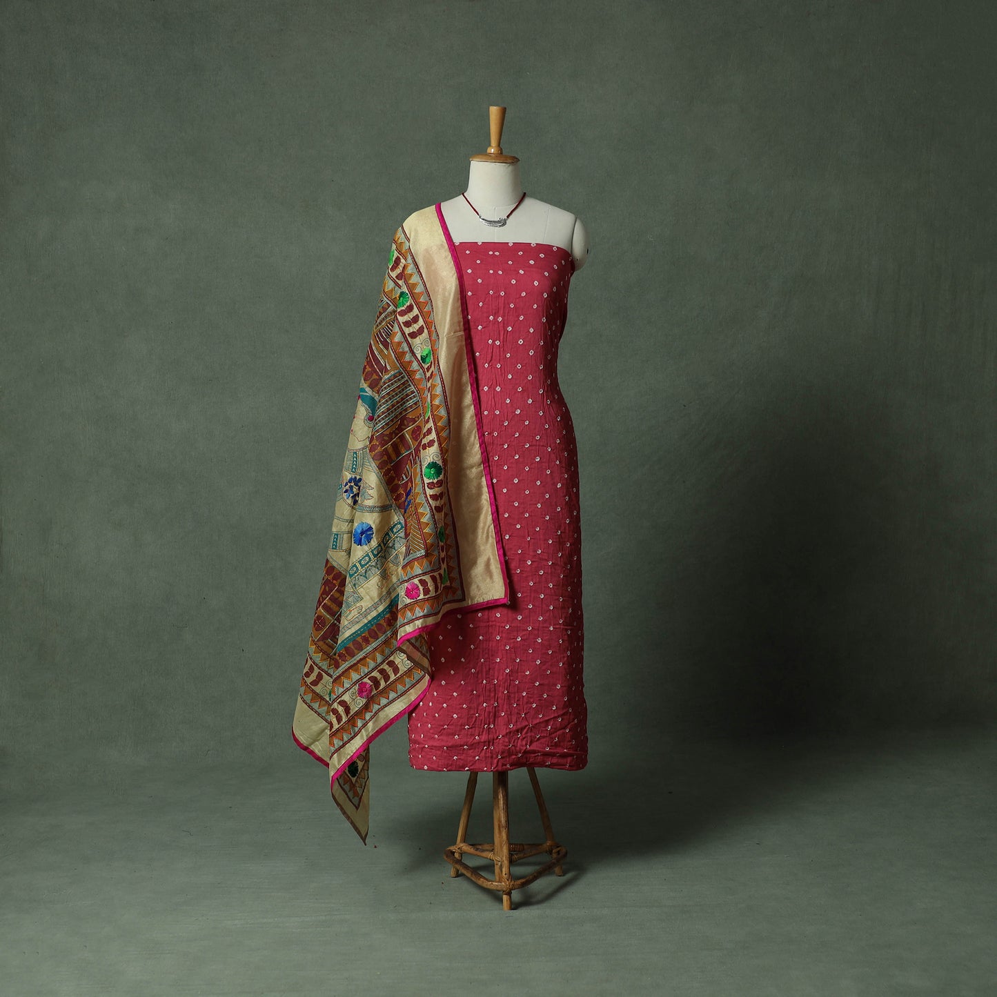 Kutch Bandhani Tie-Dye Cotton 2pc Unstitched Dress Material Kurta Set with Jewellery 10
