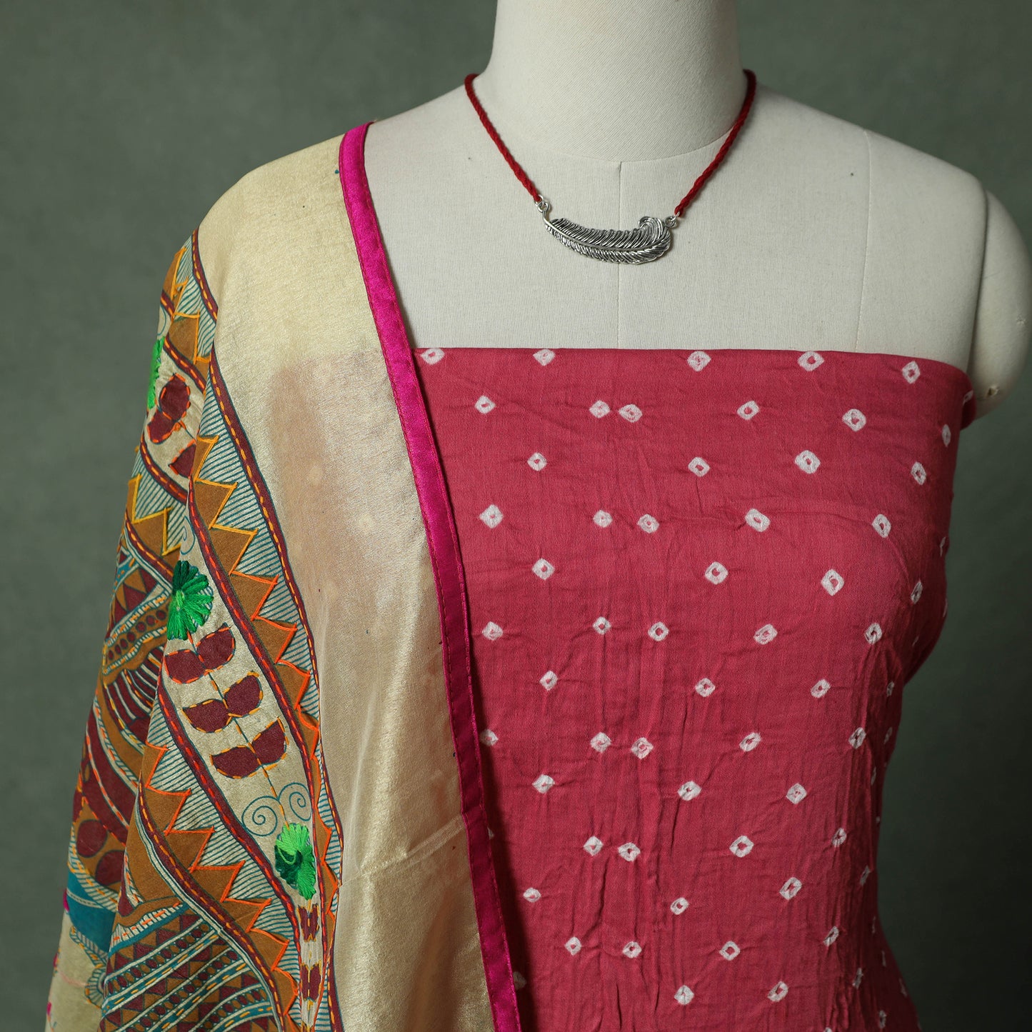 Kutch Bandhani Tie-Dye Cotton 2pc Unstitched Dress Material Kurta Set with Jewellery 10