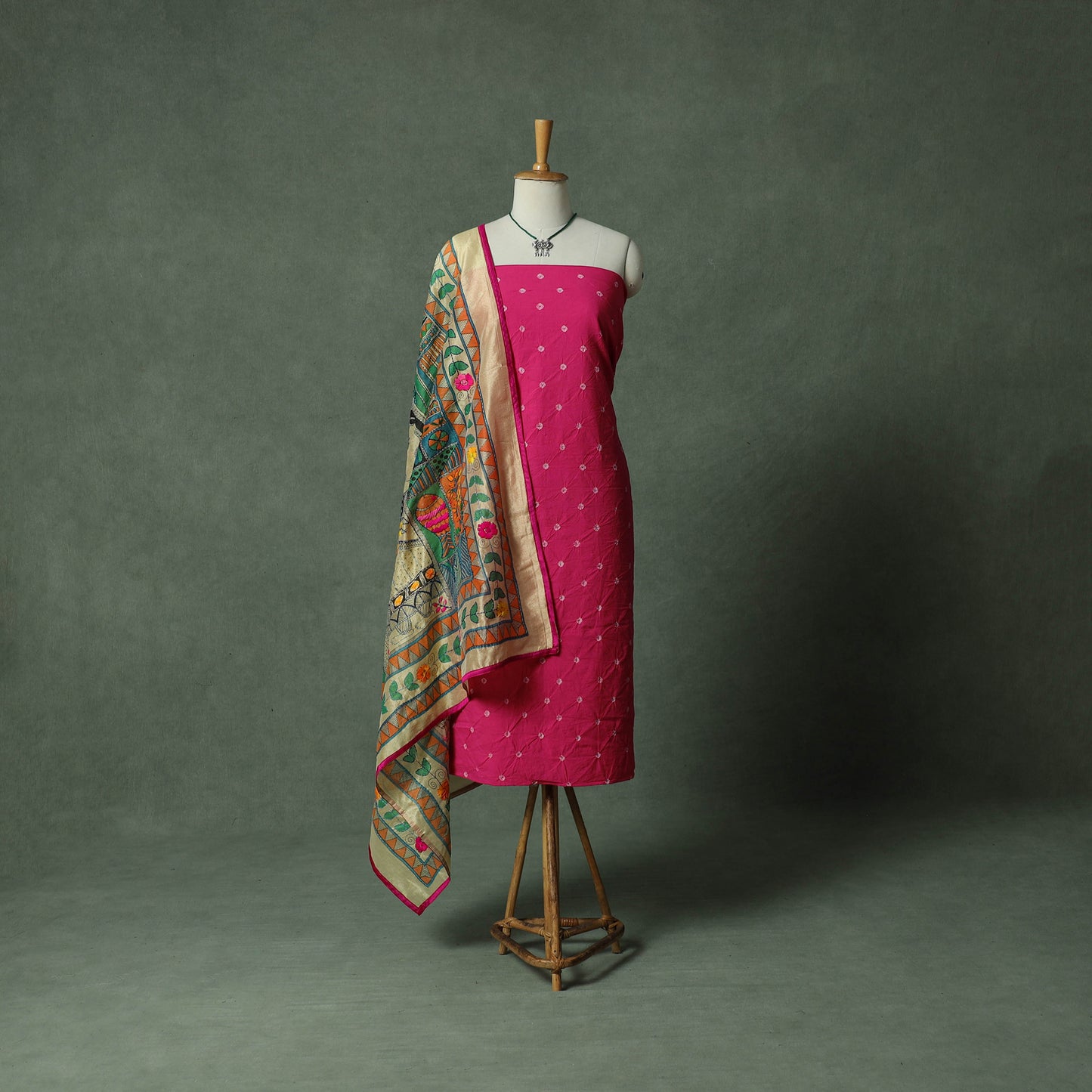 Kutch Bandhani Tie-Dye Pure Mul Cotton 2pc Unstitched Dress Material Kurta Set with Jewellery 13