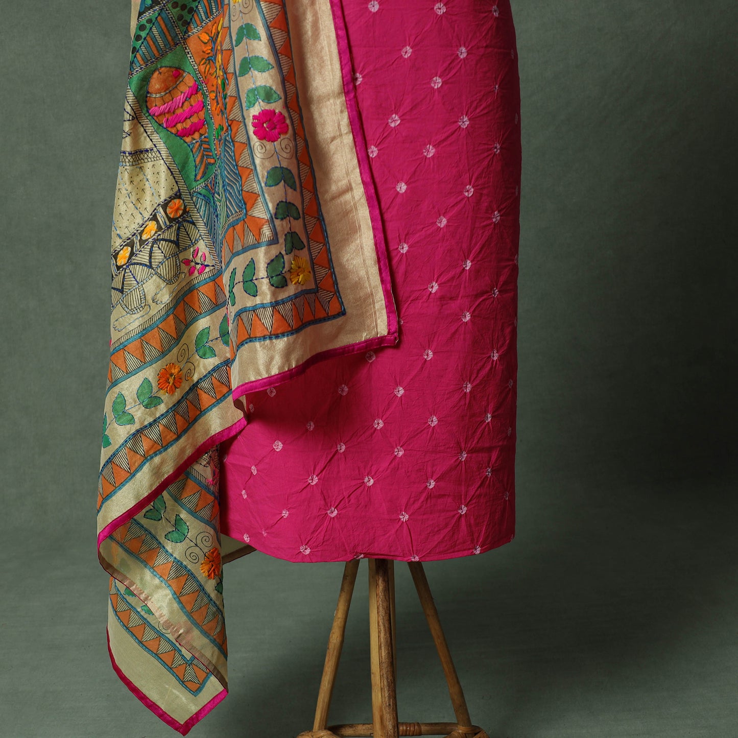 Kutch Bandhani Tie-Dye Pure Mul Cotton 2pc Unstitched Dress Material Kurta Set with Jewellery 13