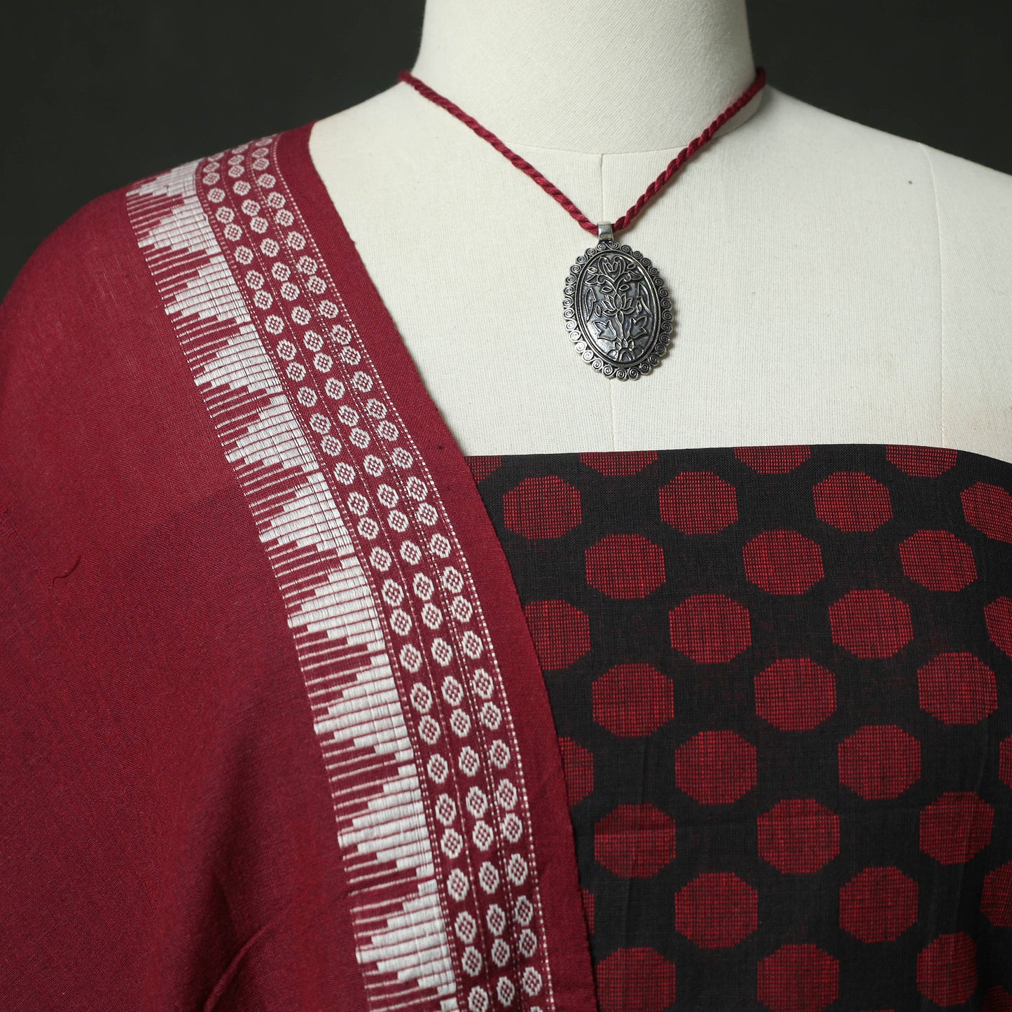 Maroon - Jacquard Woven 2pc Cotton Unstitched Dress Material Kurta Set with Jewellery 12