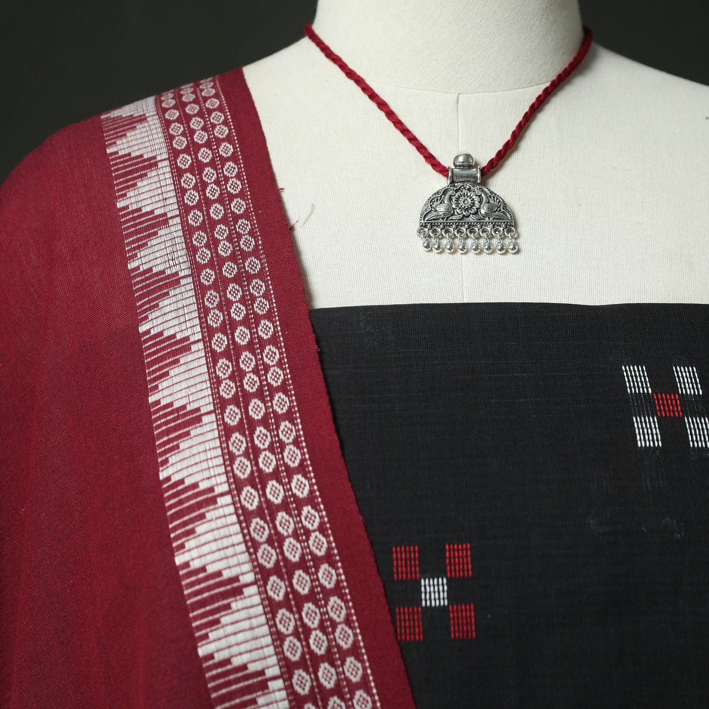Black - Jacquard Woven 2pc Cotton Unstitched Dress Material Kurta Set with Jewellery 13