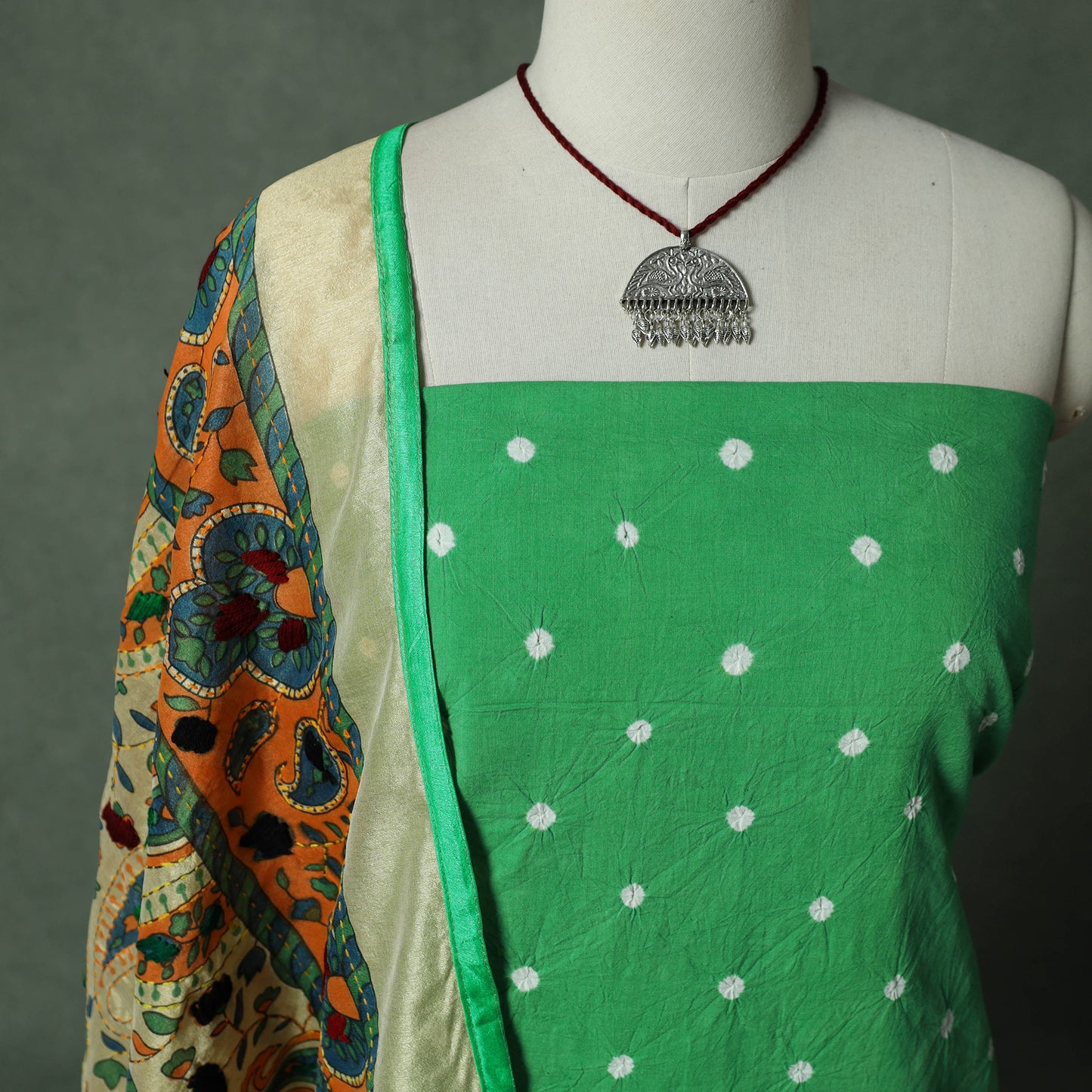 Kutch Bandhani Tie-Dye Pure Mul Cotton 2pc Unstitched Dress Material Kurta Set with Jewellery 18