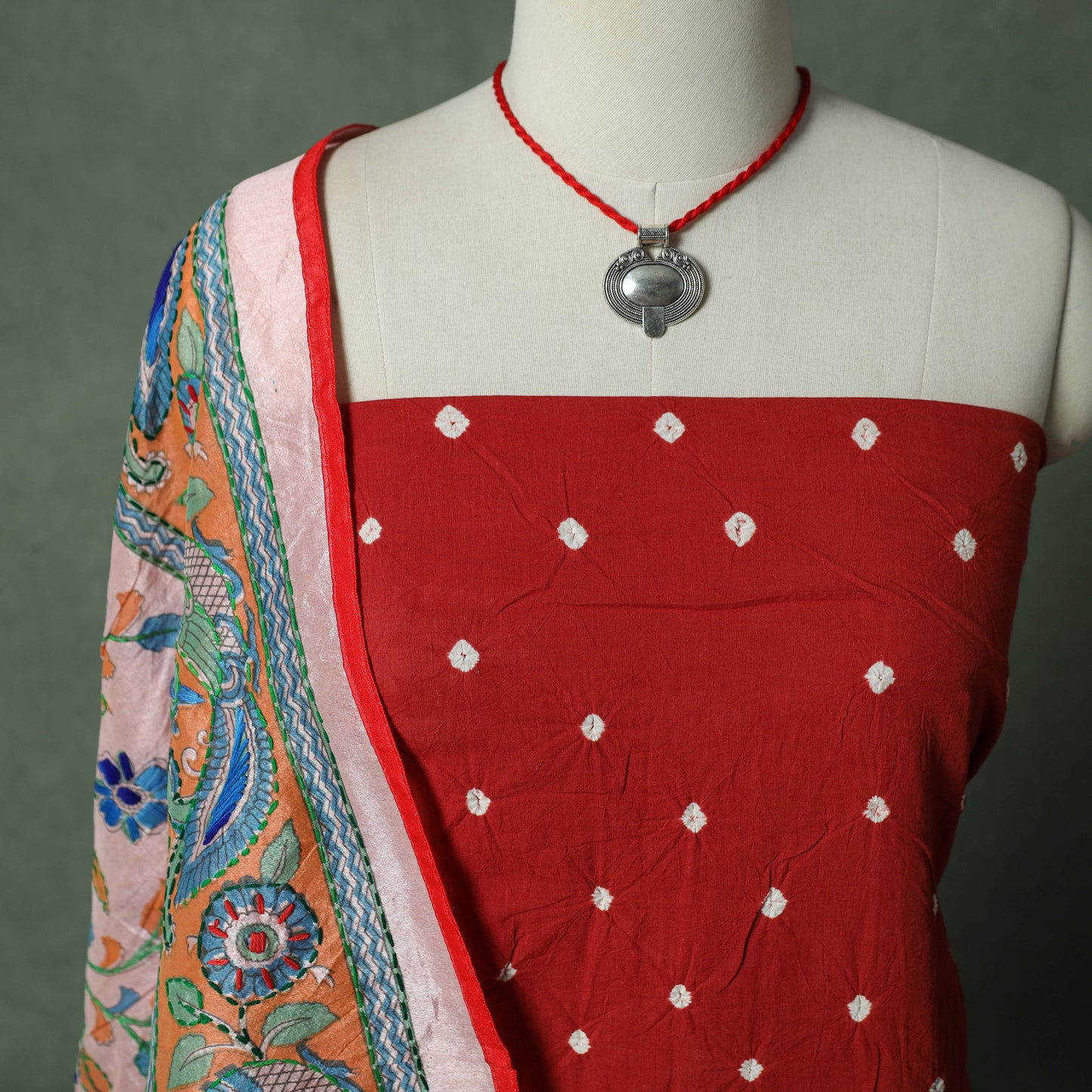 Kutch Bandhani Tie-Dye Pure Mul Cotton 2pc Unstitched Dress Material Kurta Set with Jewellery 21