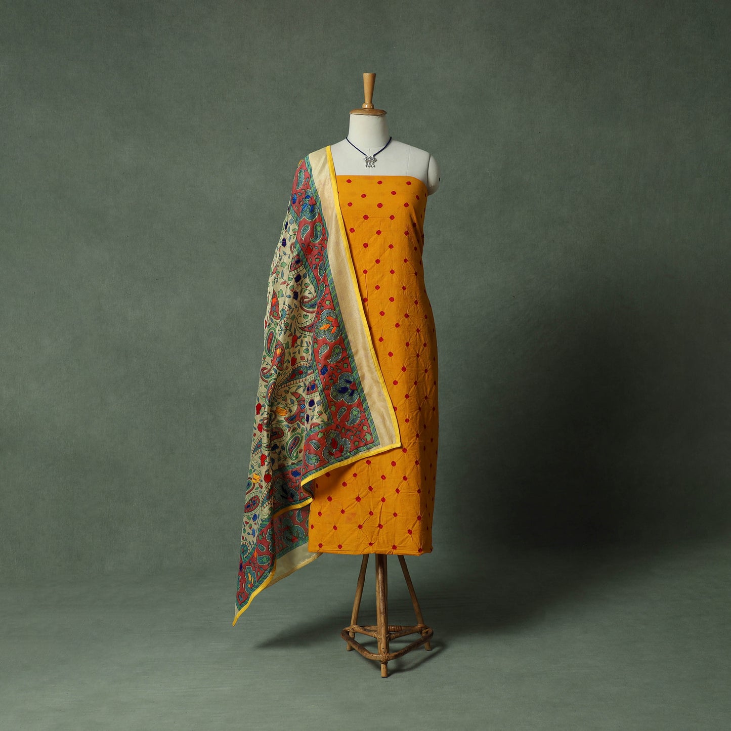 Kutch Bandhani Tie-Dye Pure Mul Cotton 2pc Unstitched Dress Material Kurta Set with Jewellery 22