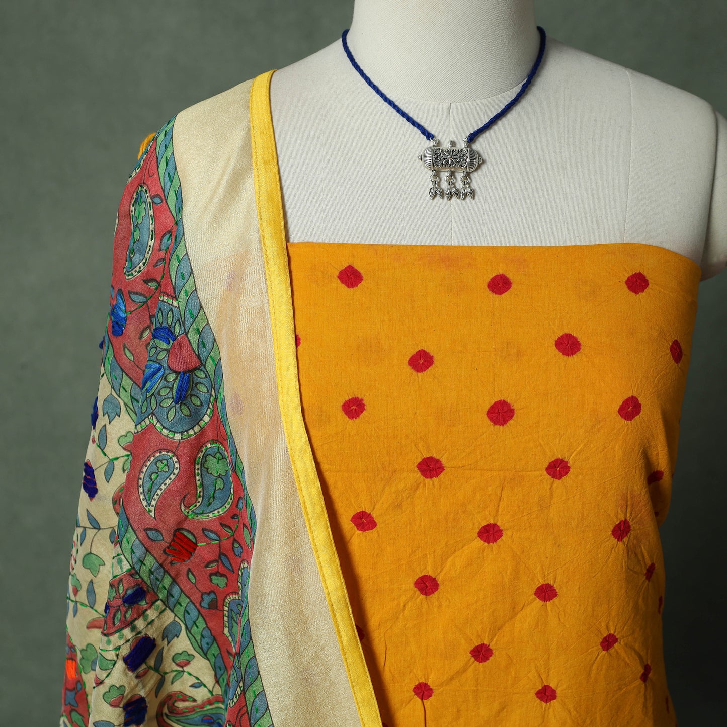 Kutch Bandhani Tie-Dye Pure Mul Cotton 2pc Unstitched Dress Material Kurta Set with Jewellery 22