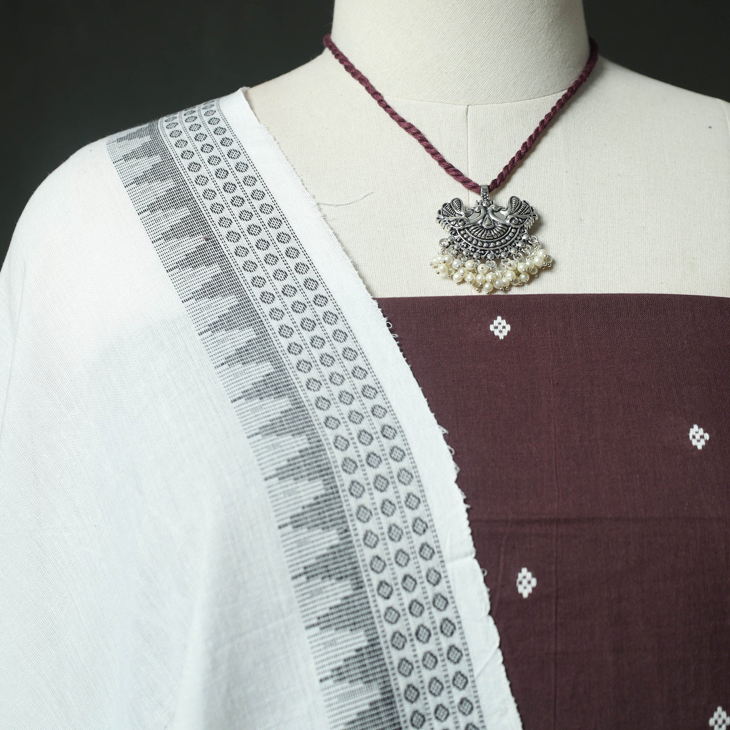Brown - Jacquard Woven 2pc Cotton Unstitched Dress Material Kurta Set with Jewellery 18
