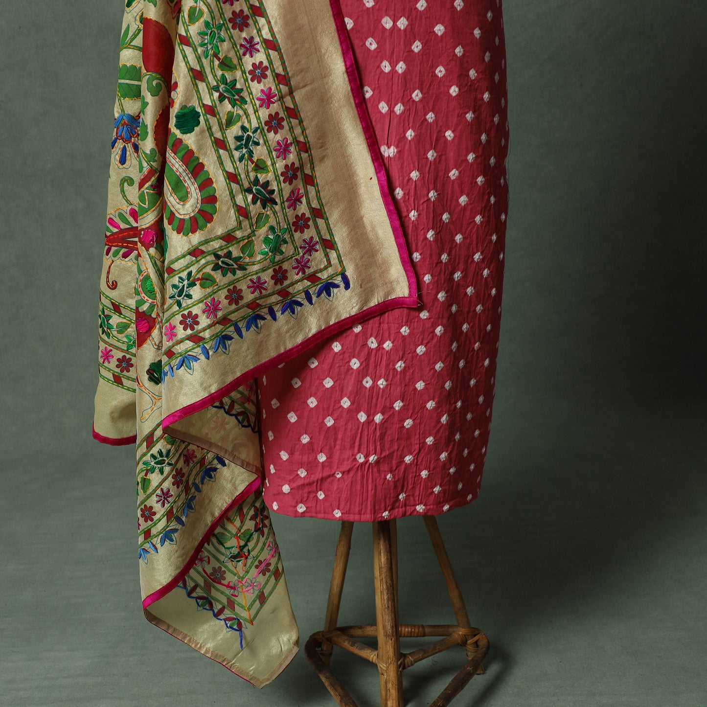 Kutch Bandhani Tie-Dye Cotton 2pc Unstitched Dress Material Kurta Set with Jewellery 23