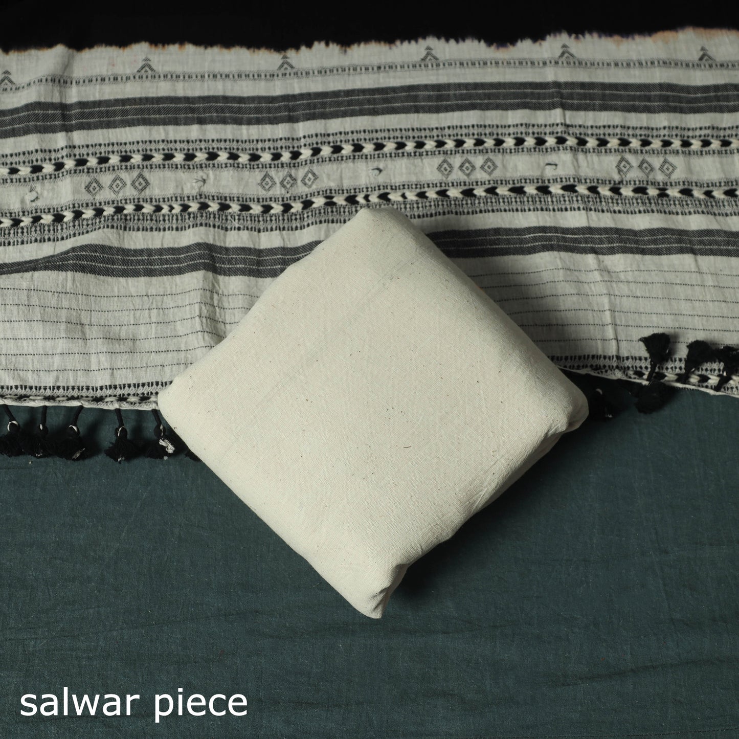 White - Kutch Bhujodi Handloom Kala Cotton Mirror Work 3pc Unstitched Dress Material Suit Set 02