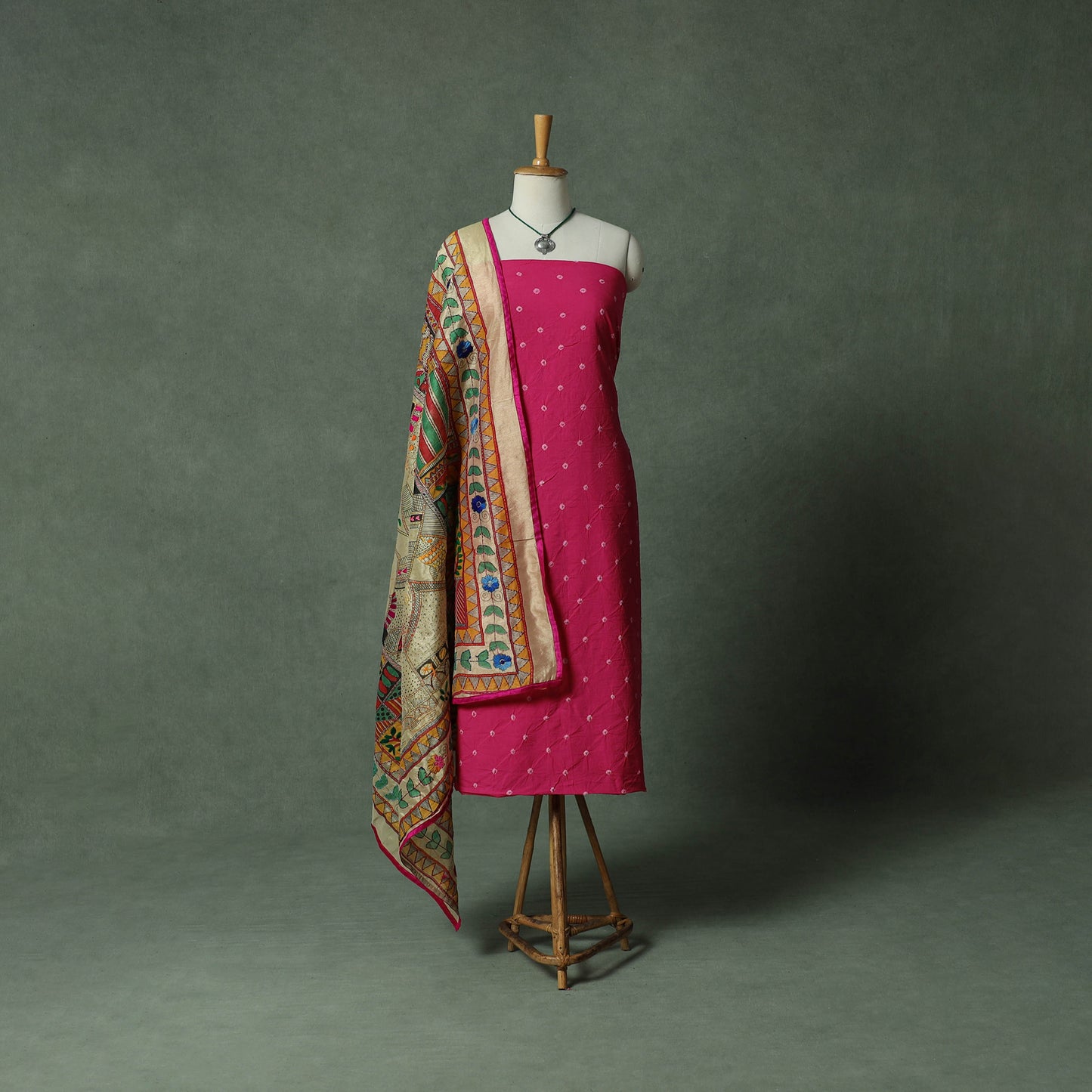 Kutch Bandhani Tie-Dye Pure Mul Cotton 2pc Unstitched Dress Material Kurta Set with Jewellery 26