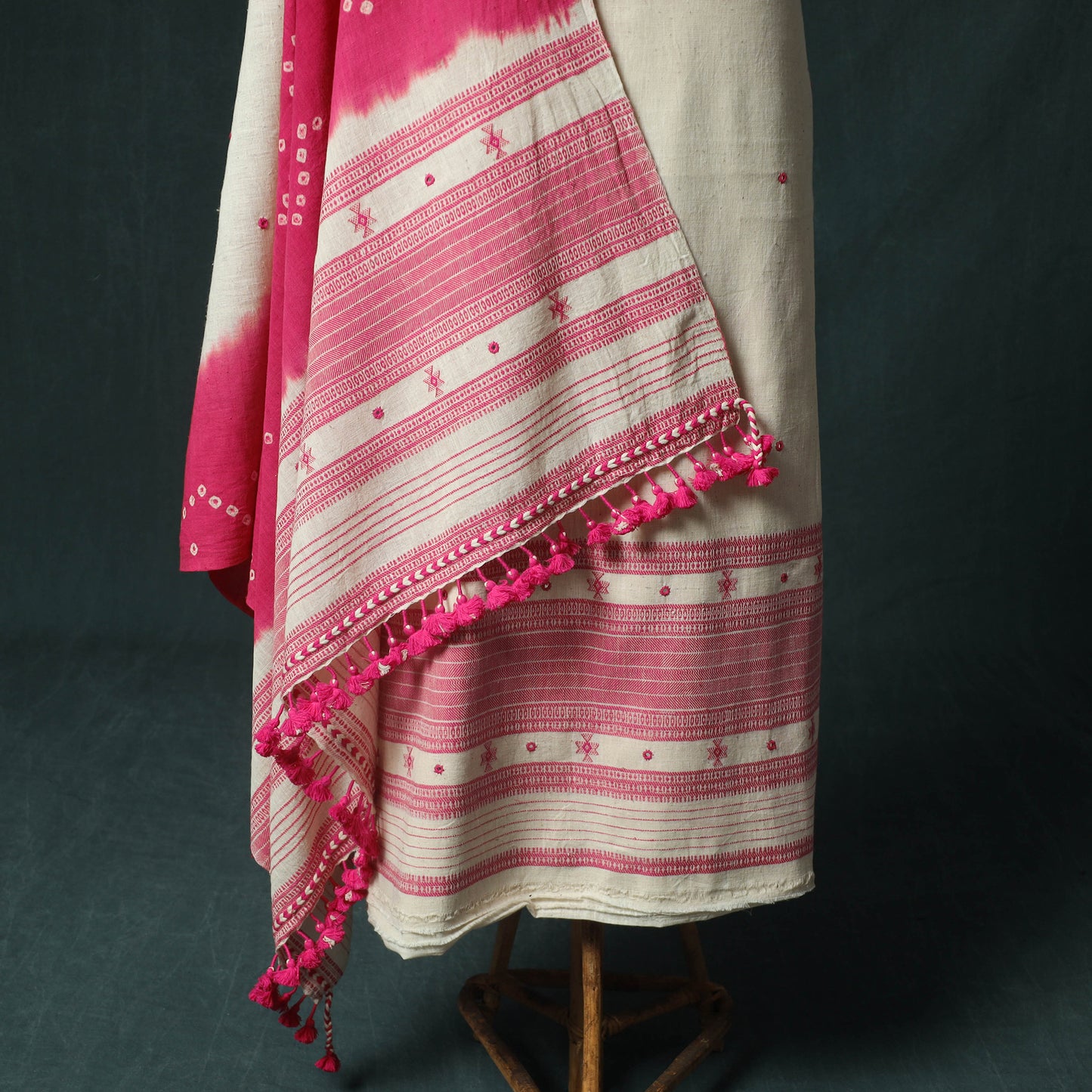 White - Kutch Bhujodi Handloom Kala Cotton Mirror Work 3pc Unstitched Dress Material Suit Set 03