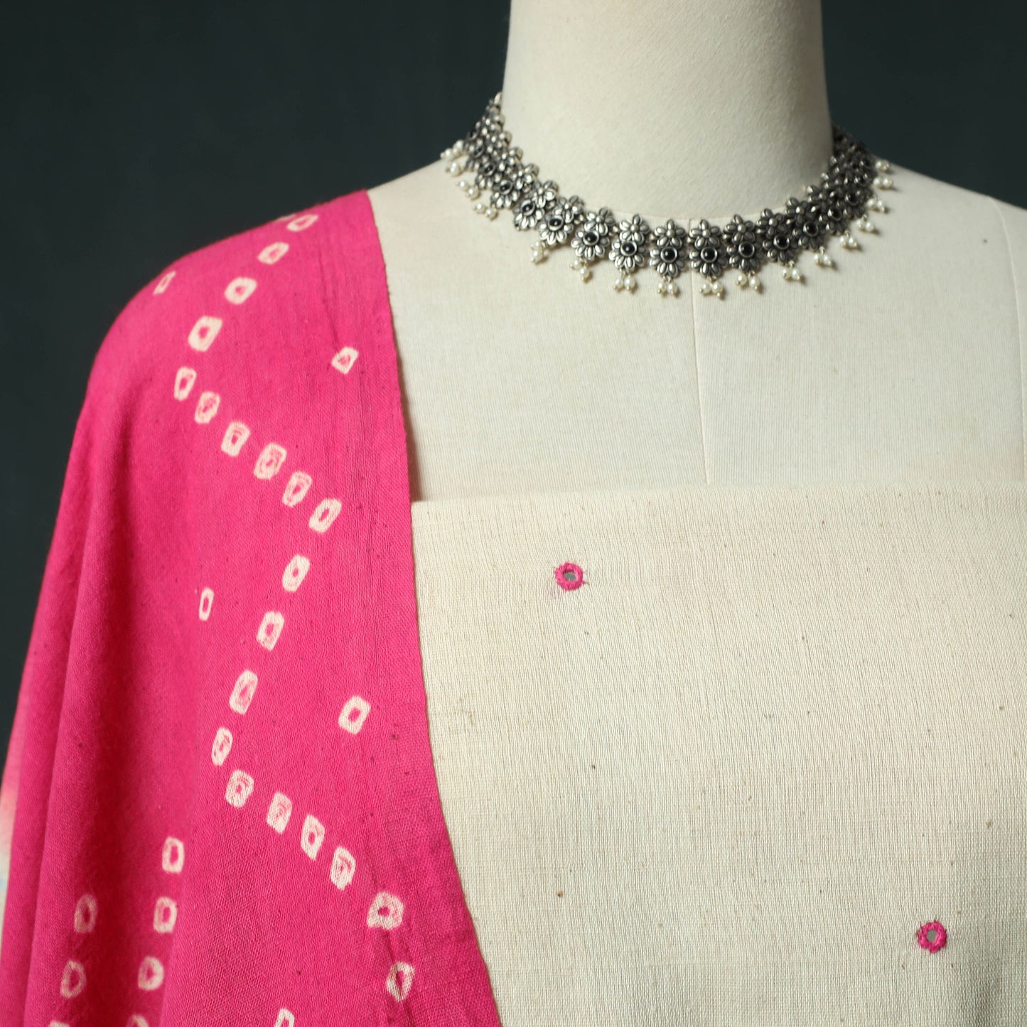 White - Kutch Bhujodi Handloom Kala Cotton Mirror Work 3pc Unstitched Dress Material Suit Set 03
