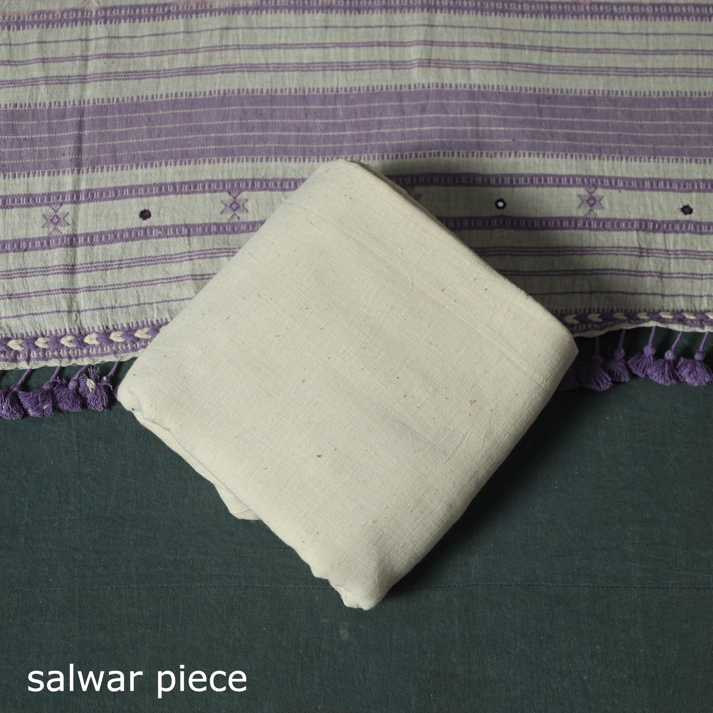 White - Kutch Bhujodi Handloom Kala Cotton Mirror Work 3pc Unstitched Dress Material Suit Set 04