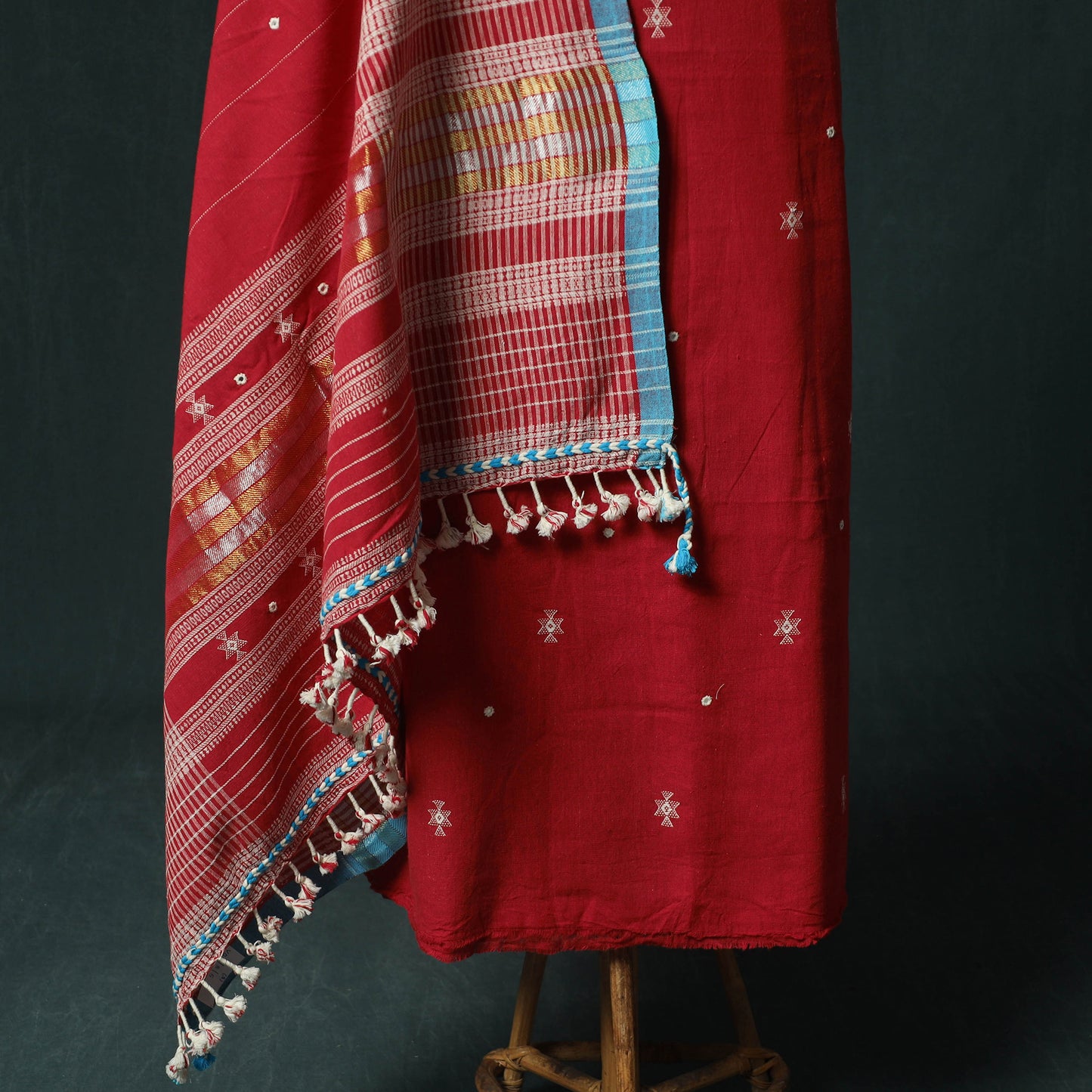 Red - Kutch Bhujodi Handloom Kala Cotton 3pc Unstitched Dress Material Suit Set 09