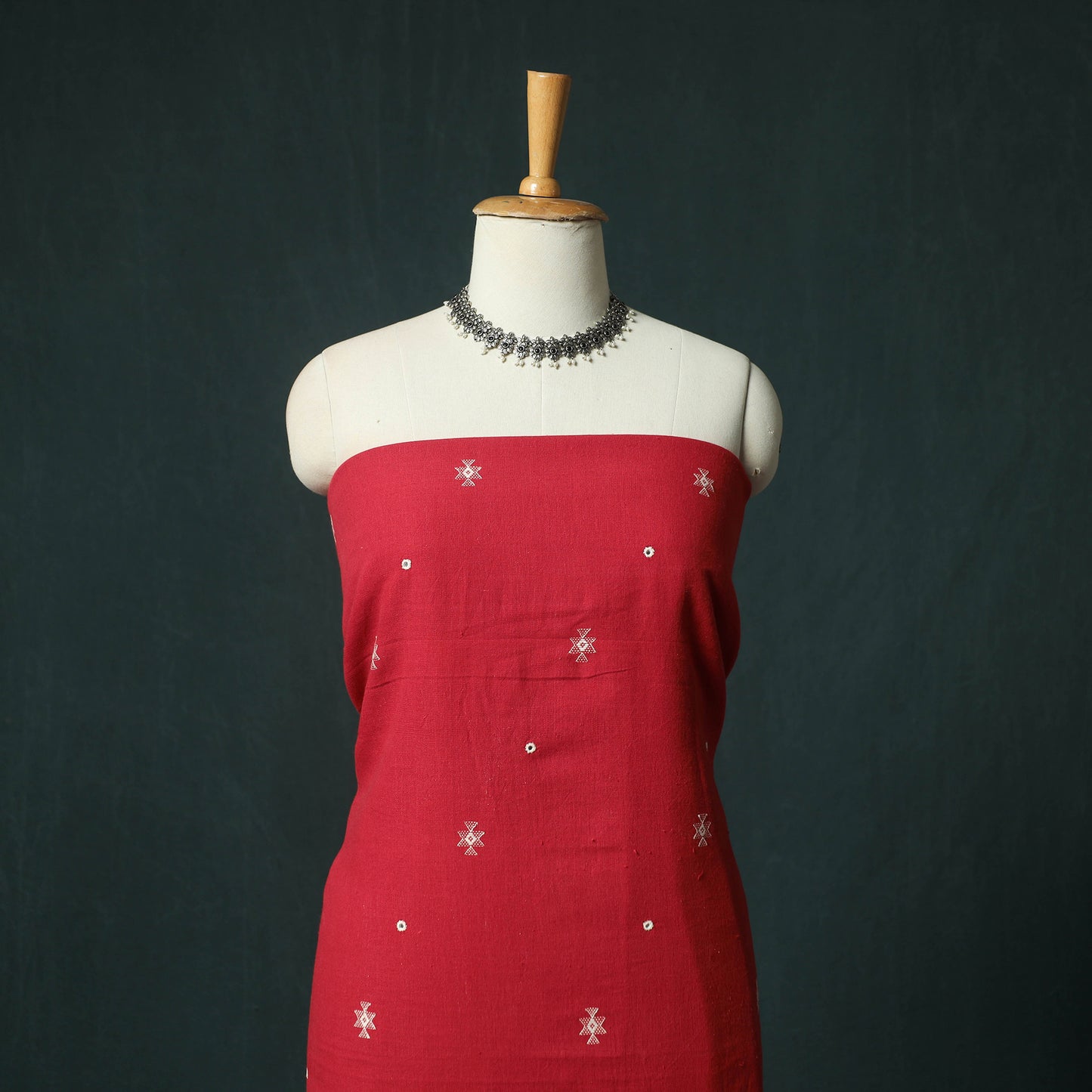 Red - Kutch Bhujodi Handloom Kala Cotton 3pc Unstitched Dress Material Suit Set 09