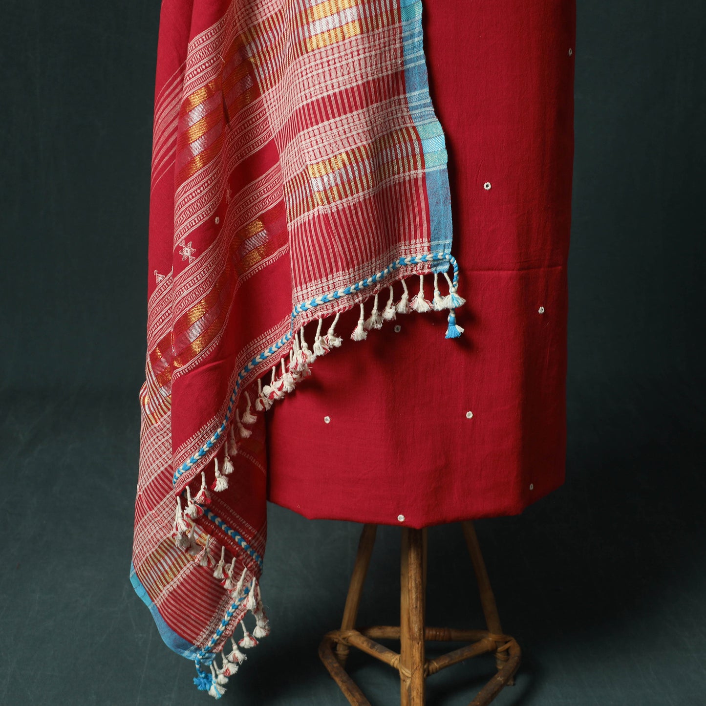 Red - Kutch Bhujodi Handloom Kala Cotton 3pc Unstitched Dress Material Suit Set 07