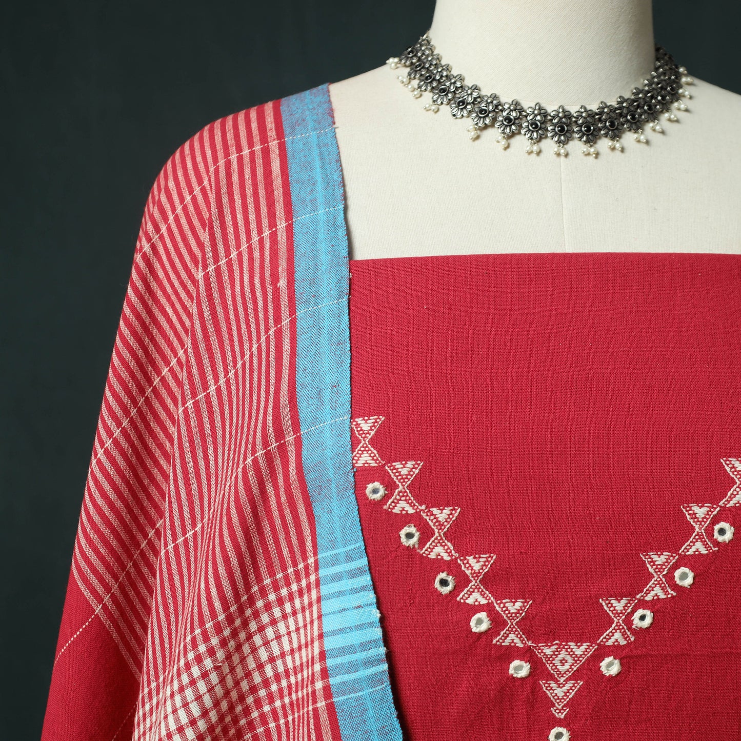Red - Kutch Bhujodi Handloom Kala Cotton 3pc Unstitched Dress Material Suit Set 07
