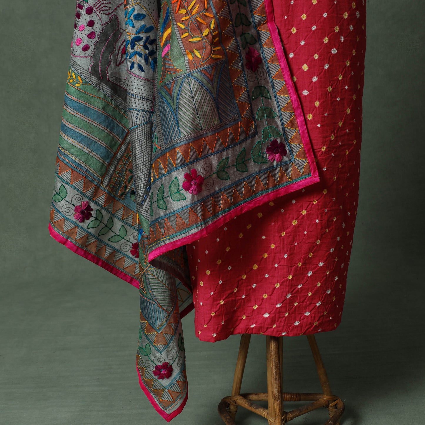 Kutch Bandhani Tie-Dye Cotton 2pc Unstitched Dress Material Kurta Set with Jewellery 32