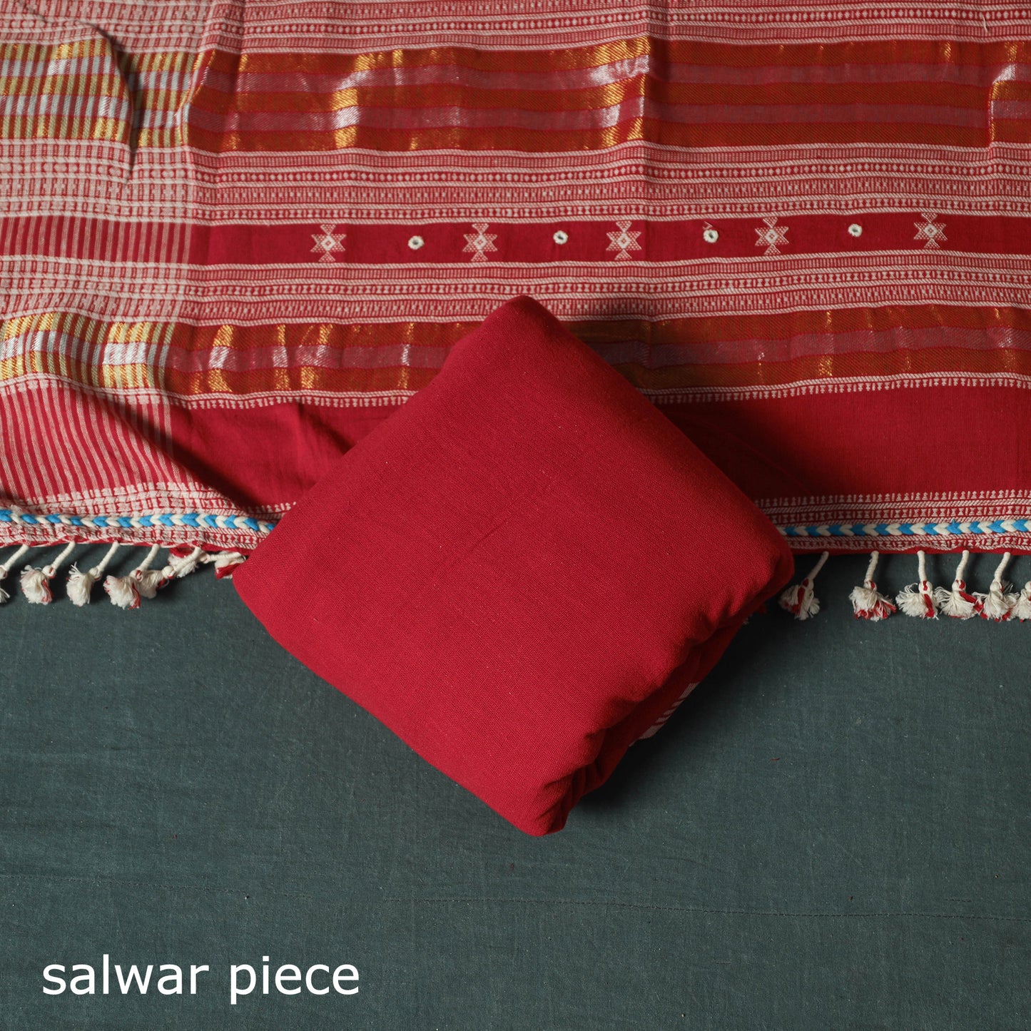 Red - Kutch Bhujodi Handloom Kala Cotton 3pc Unstitched Dress Material Suit Set 07